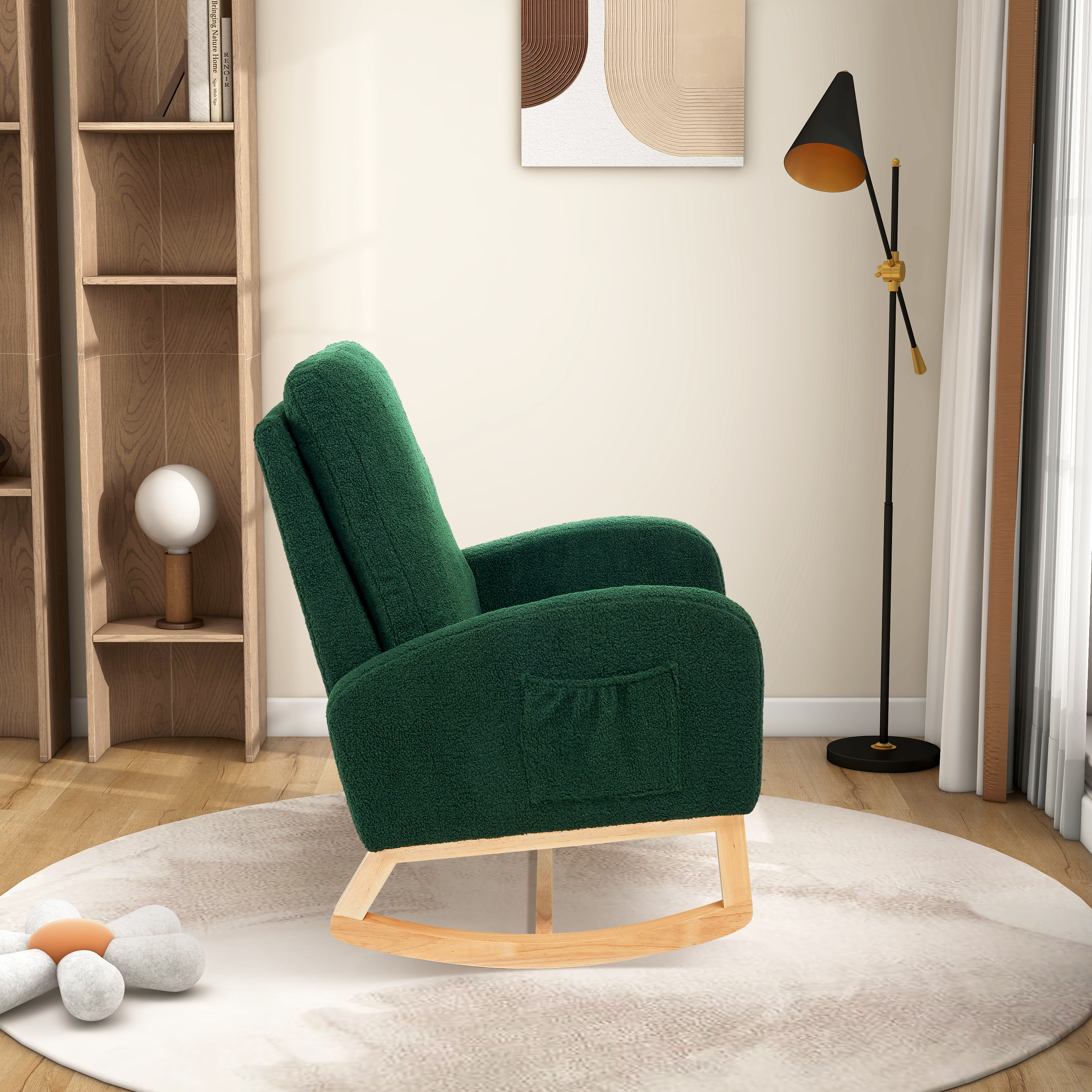 27.2"W Rocking Chair for Nursery, Sherpa Glider Chair with High Back and Side Pocket, Rocking Accent Armchair with Rubber Wood Legs for Living Room/Bedroom.Green