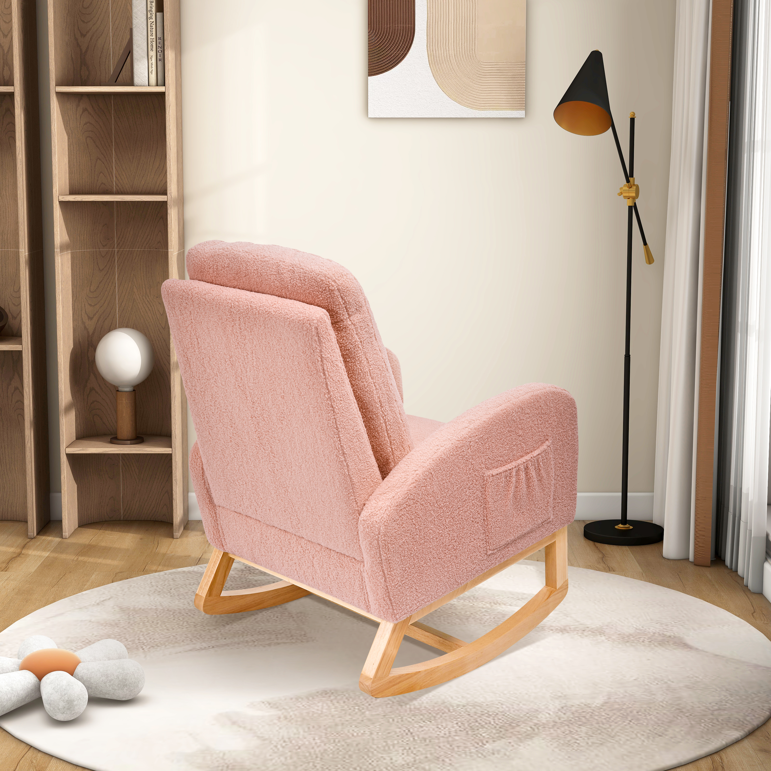 27.2"W Rocking Chair for Nursery, Sherpa Glider Chair with High Back and Side Pocket, Rocking Accent Armchair with Rubber Wood Legs for Living Room/Bedroom.Pink