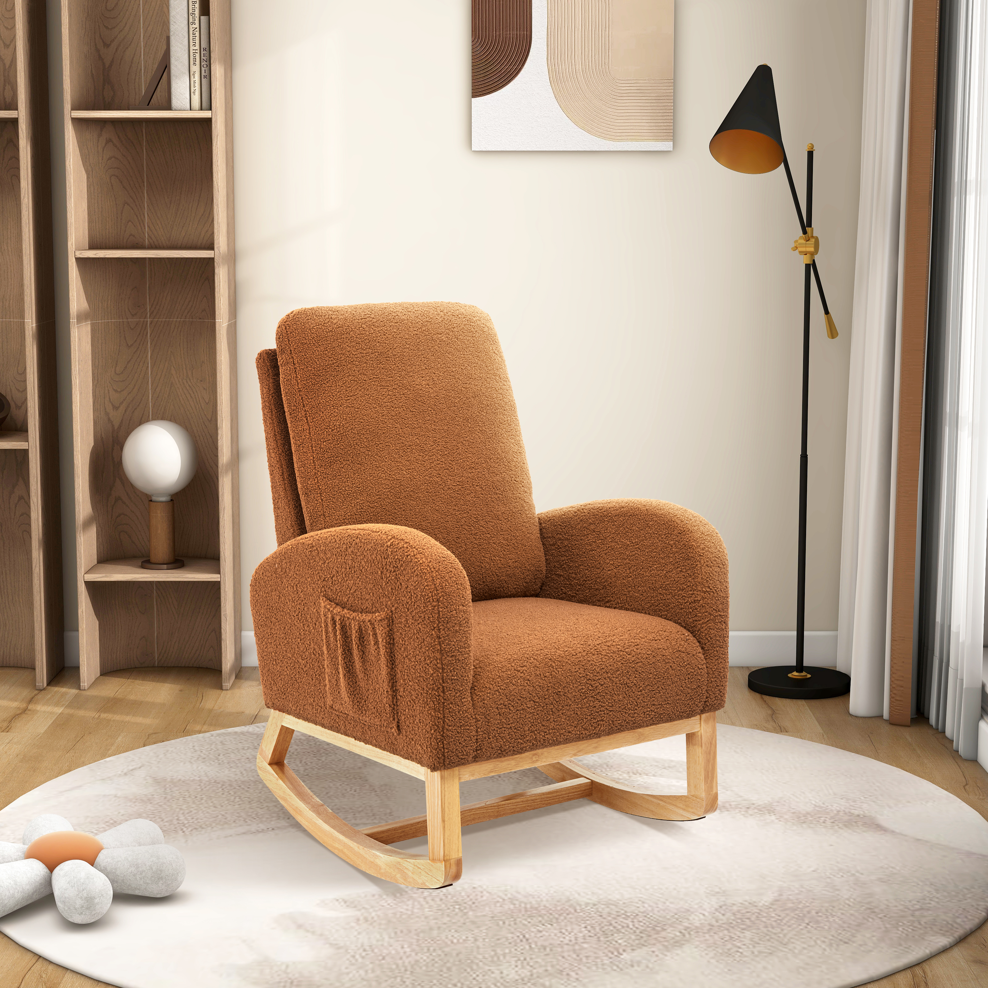 27.2"W Rocking Chair for Nursery, Sherpa Glider Chair with High Back and Side Pocket, Rocking Accent Armchair with Rubber Wood Legs for Living Room/Bedroom.Caramel