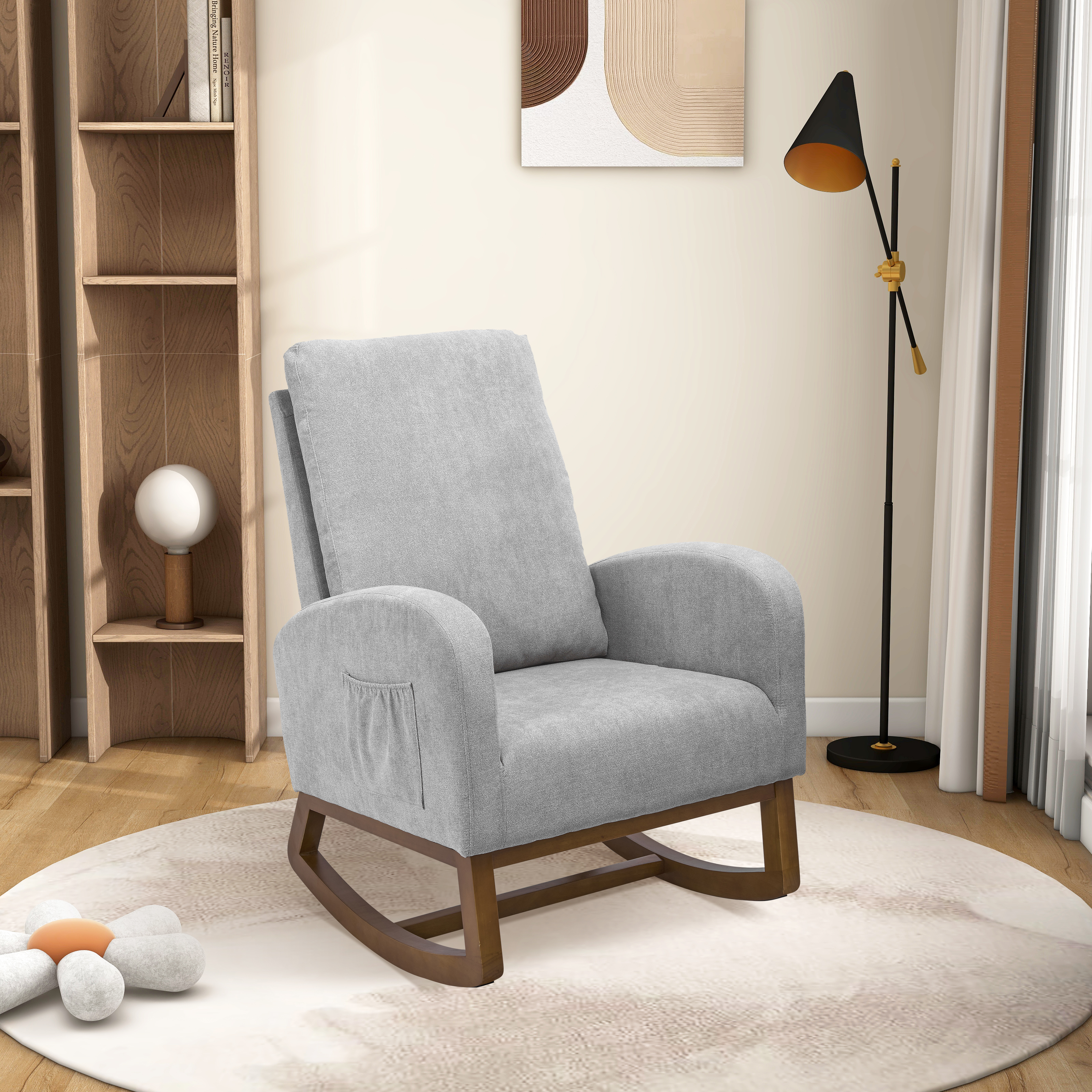 27.2"W Rocking Chair for Nursery, Polyester Glider Chair with High Back and Side Pocket, Rocking Accent Armchair with Rubber Wood Legs for Living Room/Bedroom.Light Gray