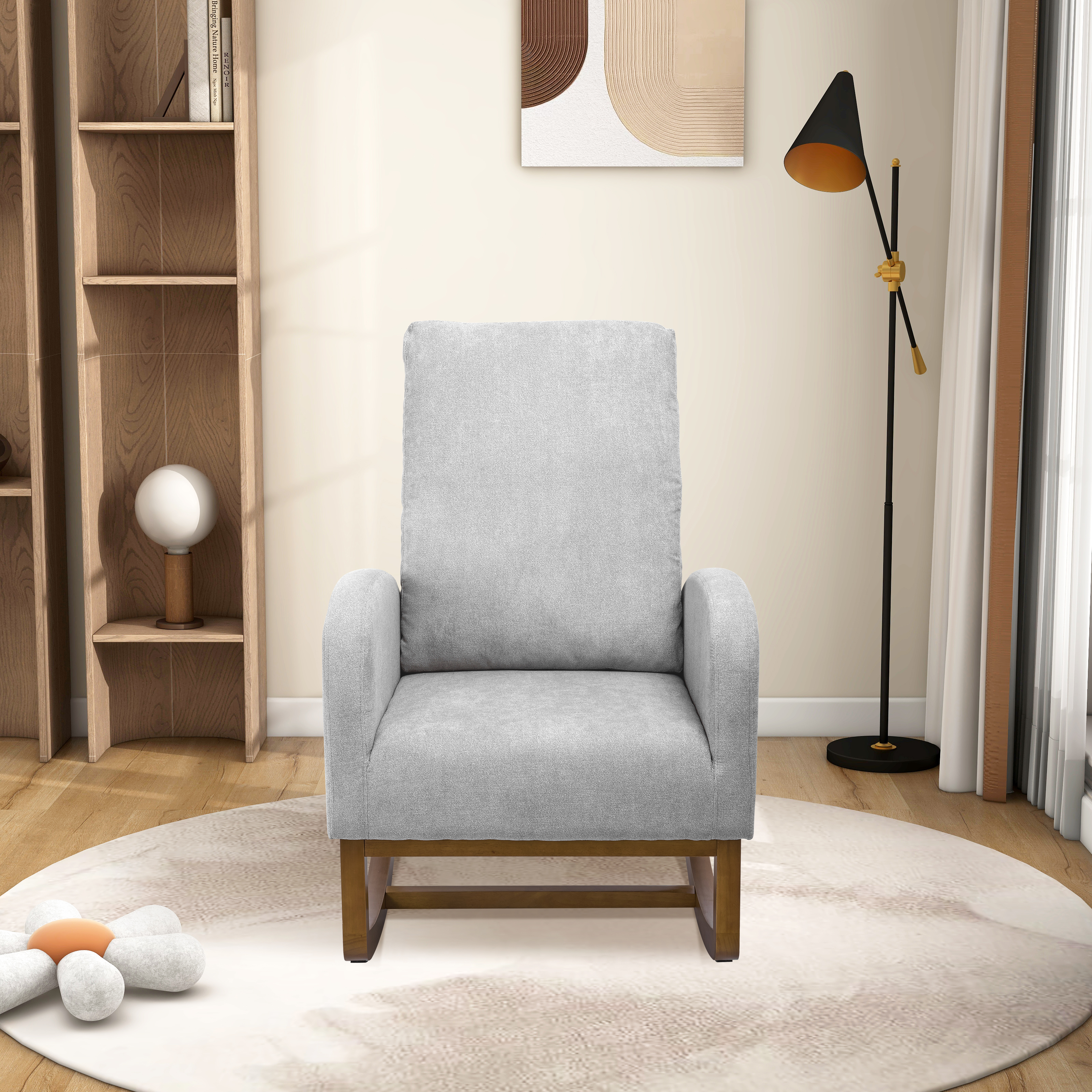 27.2"W Rocking Chair for Nursery, Polyester Glider Chair with High Back and Side Pocket, Rocking Accent Armchair with Rubber Wood Legs for Living Room/Bedroom.Light Gray