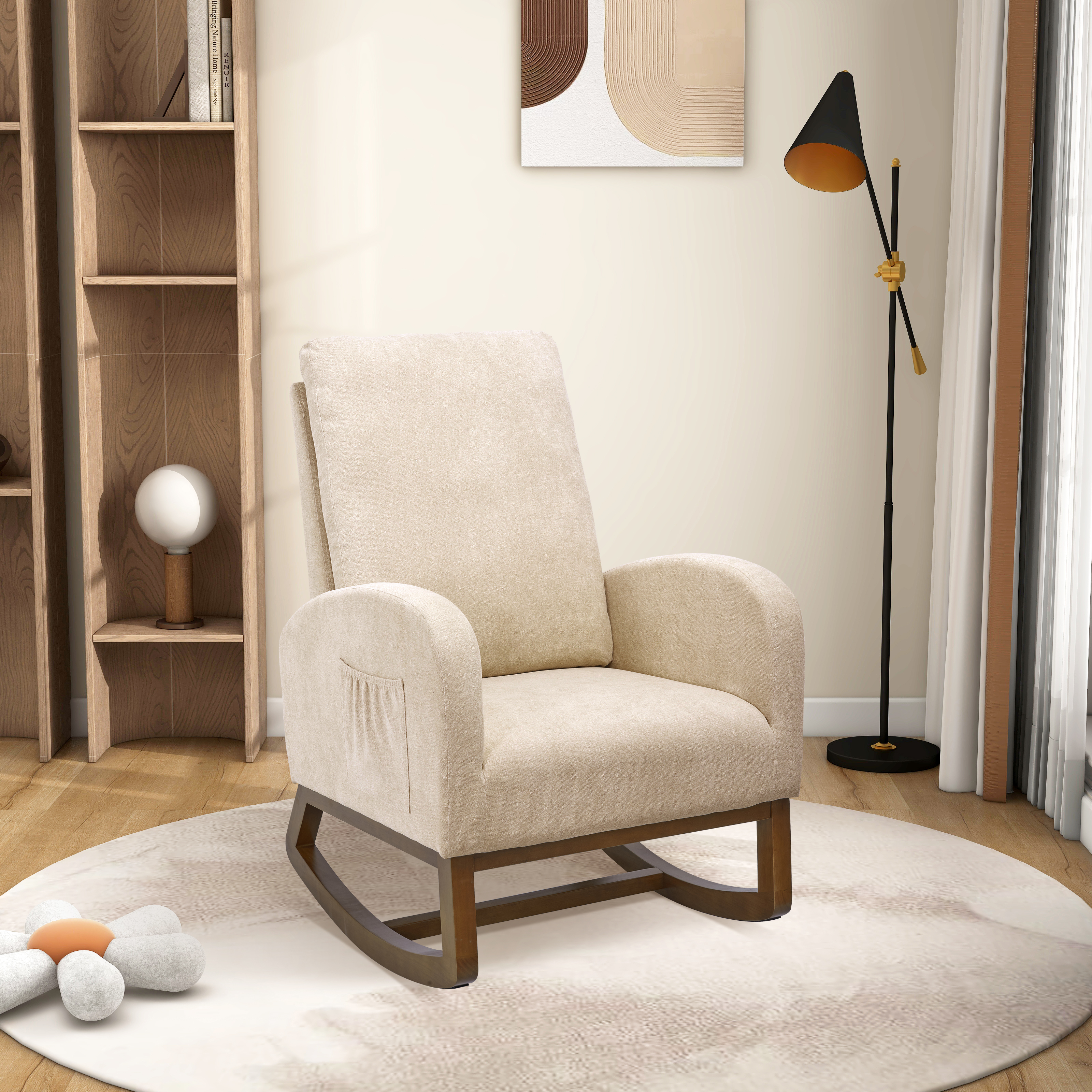 27.2"W  Rocking Chair for Nursery, Polyester Glider Chair with High Back and Side Pocket, Rocking Accent Armchair with Rubber Wood Legs for Living Room/Bedroom.Beige