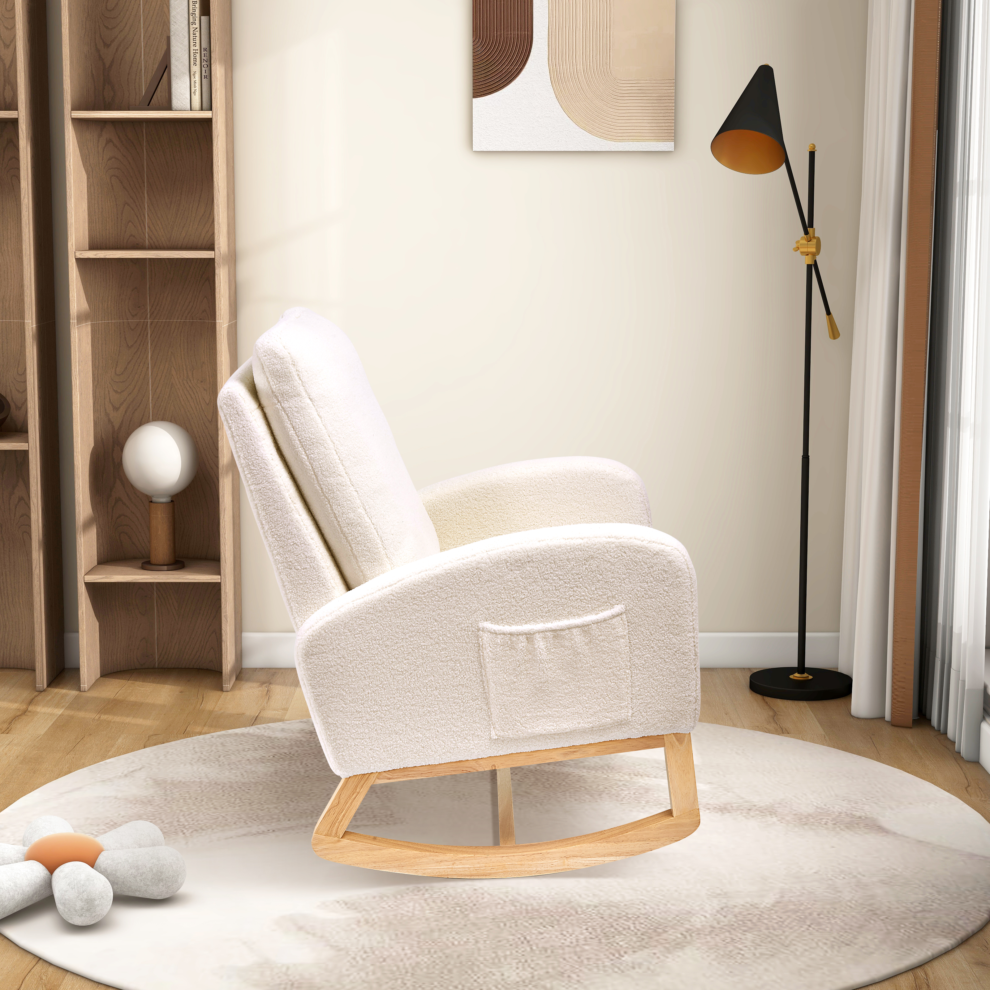 27.2"W Rocking Chair for Nursery, Sherpa Glider Chair with High Back and Side Pocket, Rocking Accent Armchair with Rubber Wood Legs for Living Room/Bedroom.Ivory