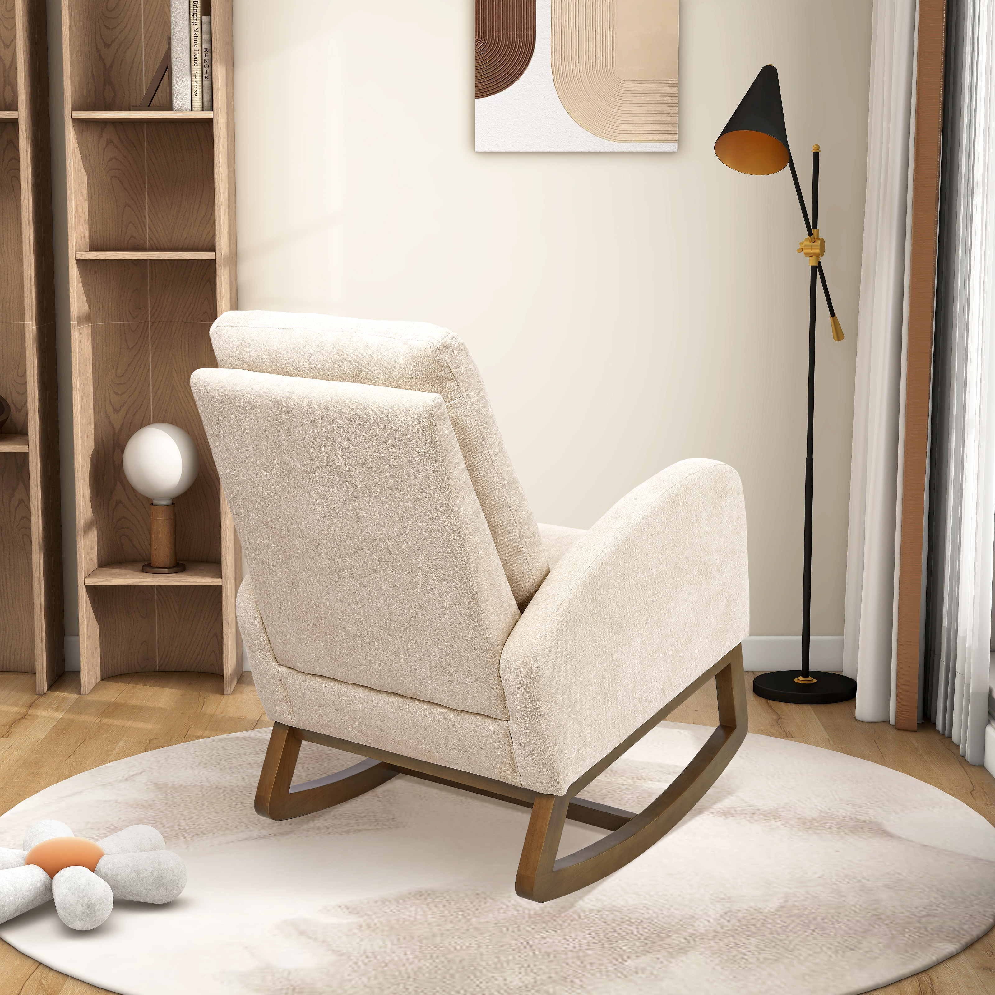 27.2"W  Rocking Chair for Nursery, Polyester Glider Chair with High Back and Side Pocket, Rocking Accent Armchair with Rubber Wood Legs for Living Room/Bedroom.Beige