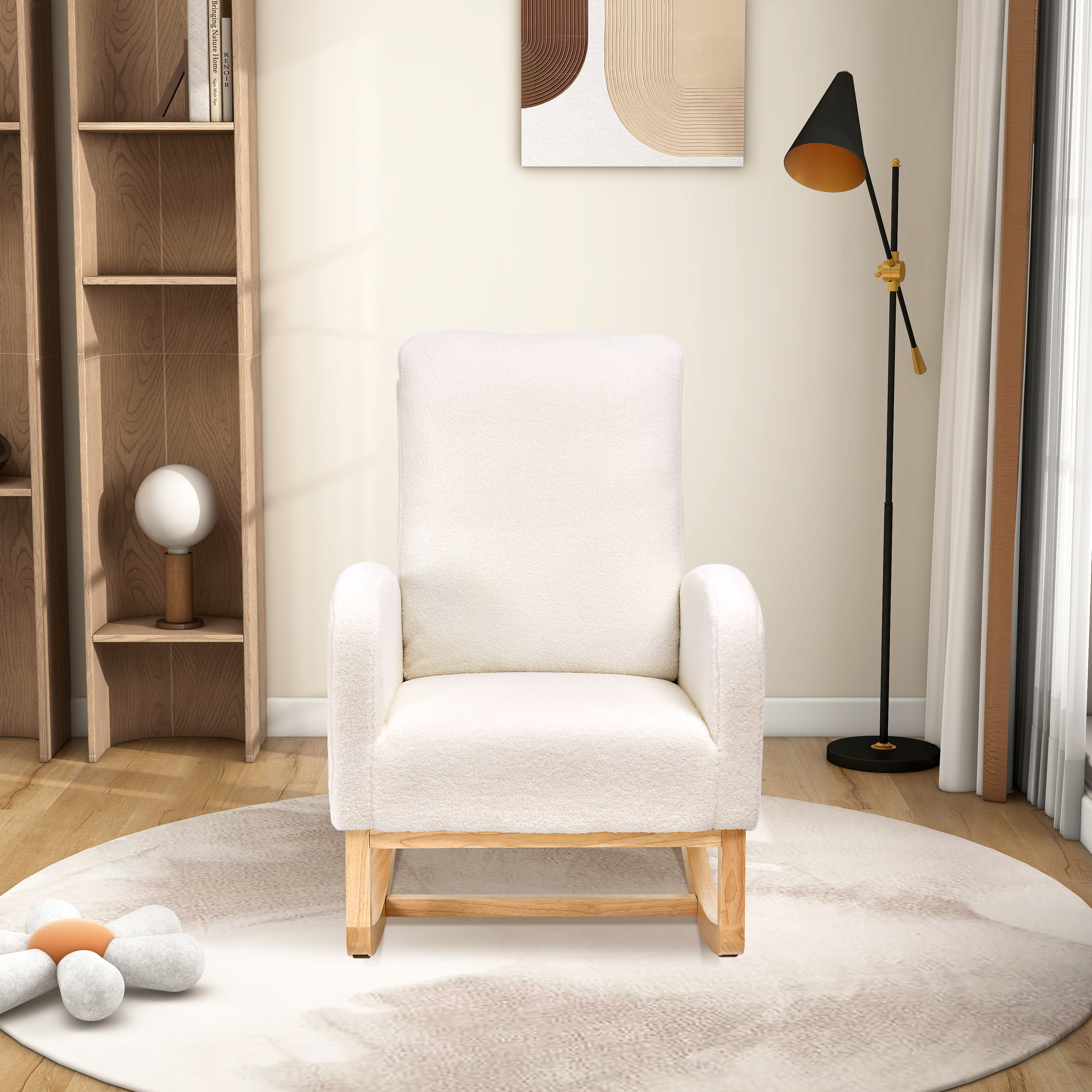 27.2"W Rocking Chair for Nursery, Sherpa Glider Chair with High Back and Side Pocket, Rocking Accent Armchair with Rubber Wood Legs for Living Room/Bedroom.Ivory