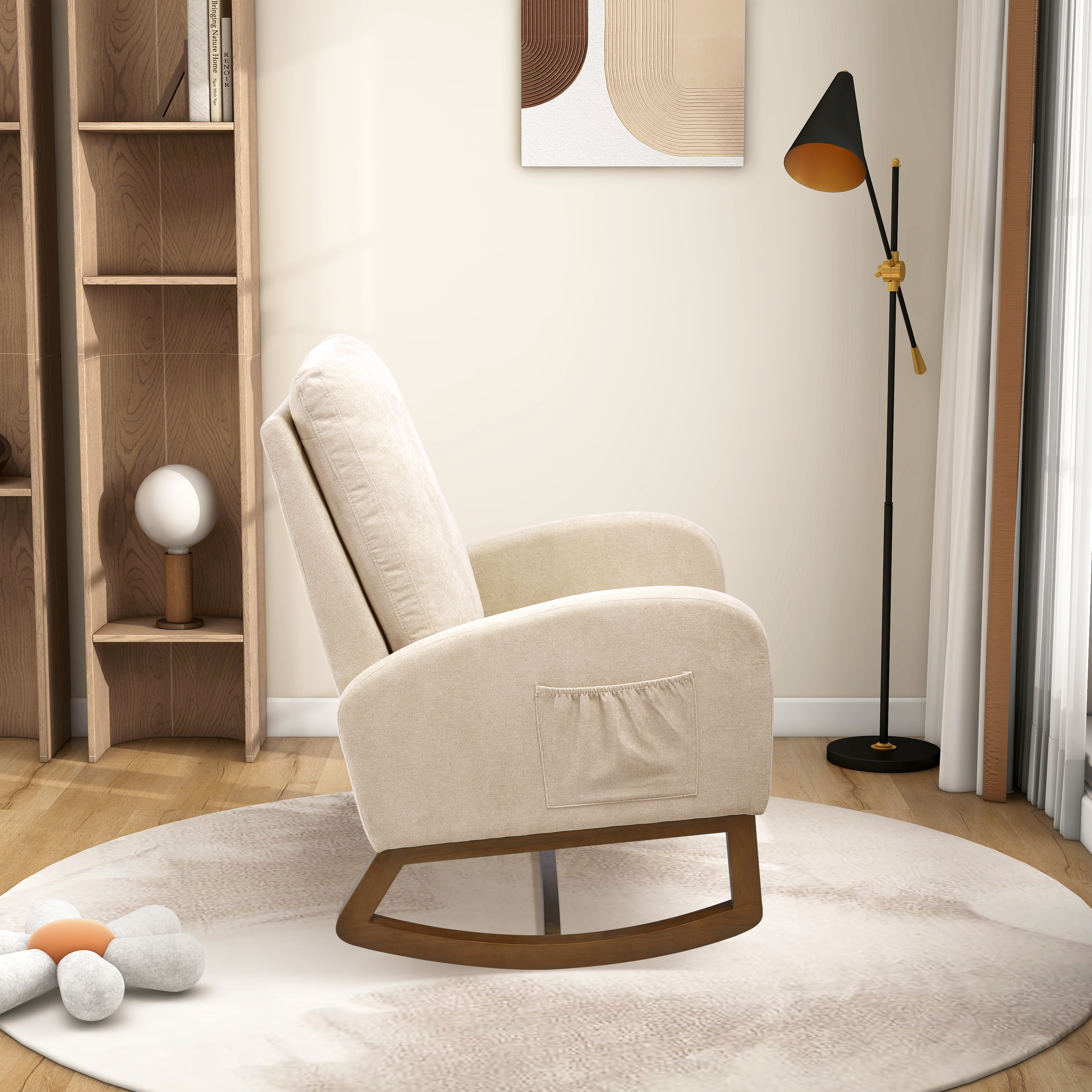 27.2"W  Rocking Chair for Nursery, Polyester Glider Chair with High Back and Side Pocket, Rocking Accent Armchair with Rubber Wood Legs for Living Room/Bedroom.Beige