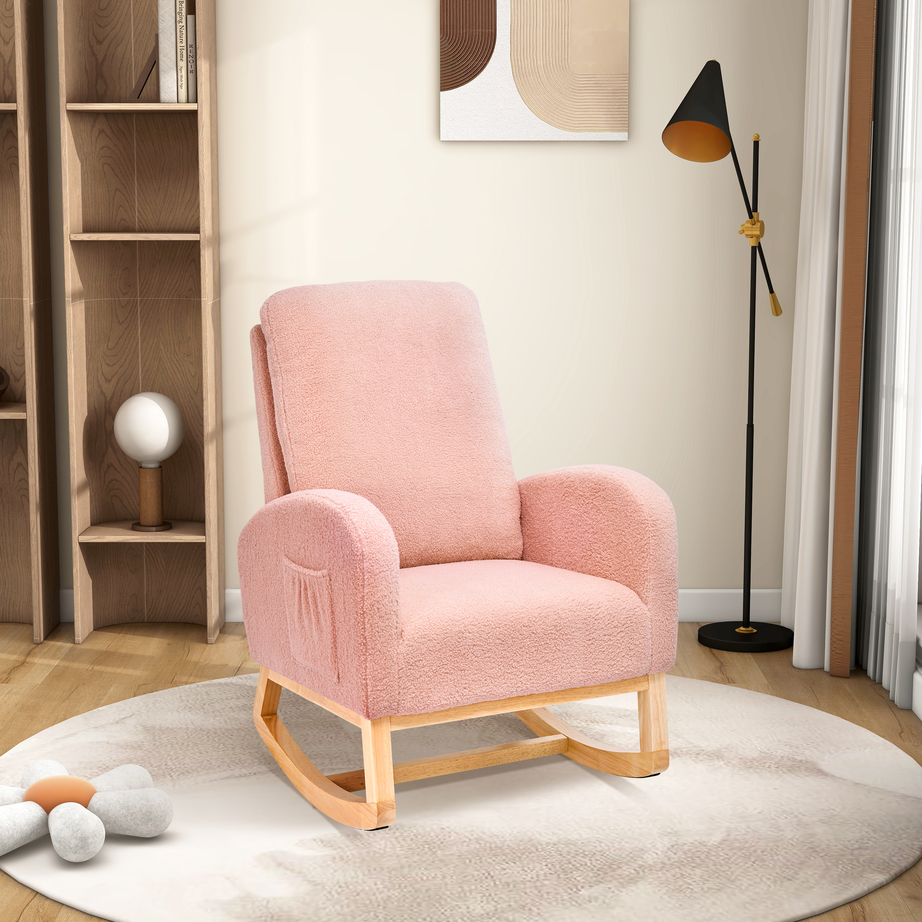 27.2"W Rocking Chair for Nursery, Sherpa Glider Chair with High Back and Side Pocket, Rocking Accent Armchair with Rubber Wood Legs for Living Room/Bedroom.Pink