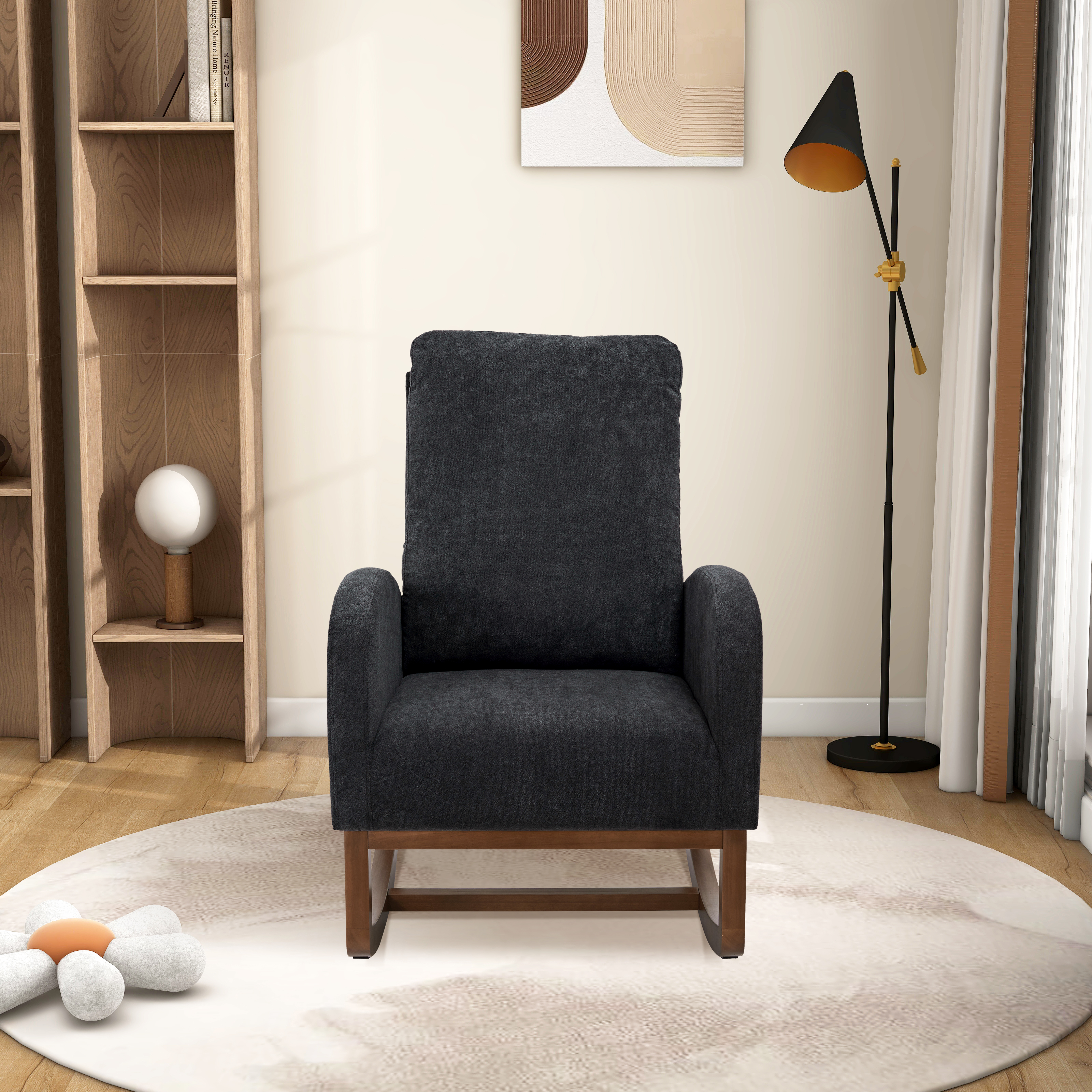 27.2"W Rocking Chair for Nursery, Polyester Glider Chair with High Back and Side Pocket, Rocking Accent Armchair with Rubber Wood Legs for Living Room/Bedroom.Black