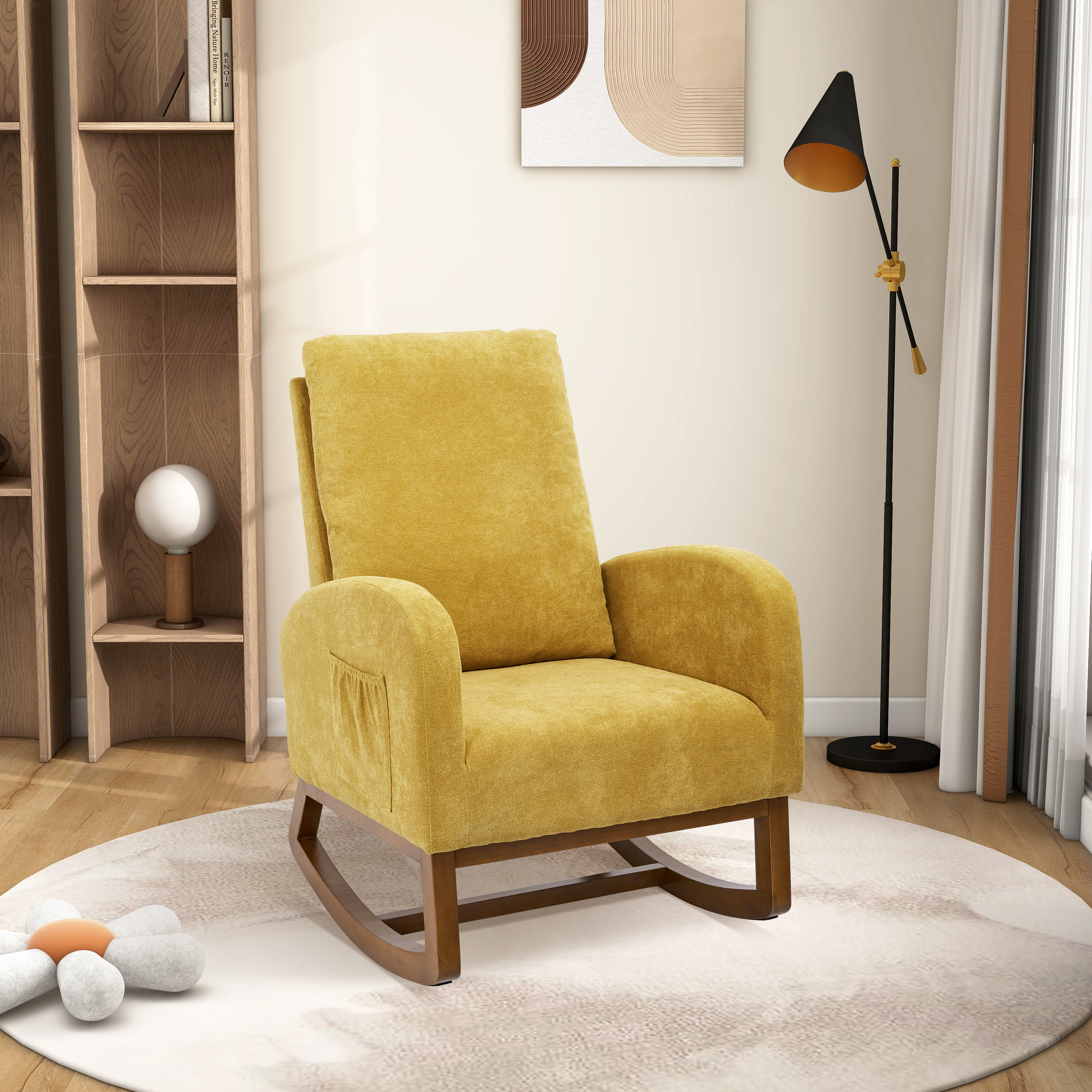 27.2"W Rocking Chair for Nursery, Polyester Glider Chair with High Back and Side Pocket, Rocking Accent Armchair with Rubber Wood Legs for Living Room/Bedroom.Mustard