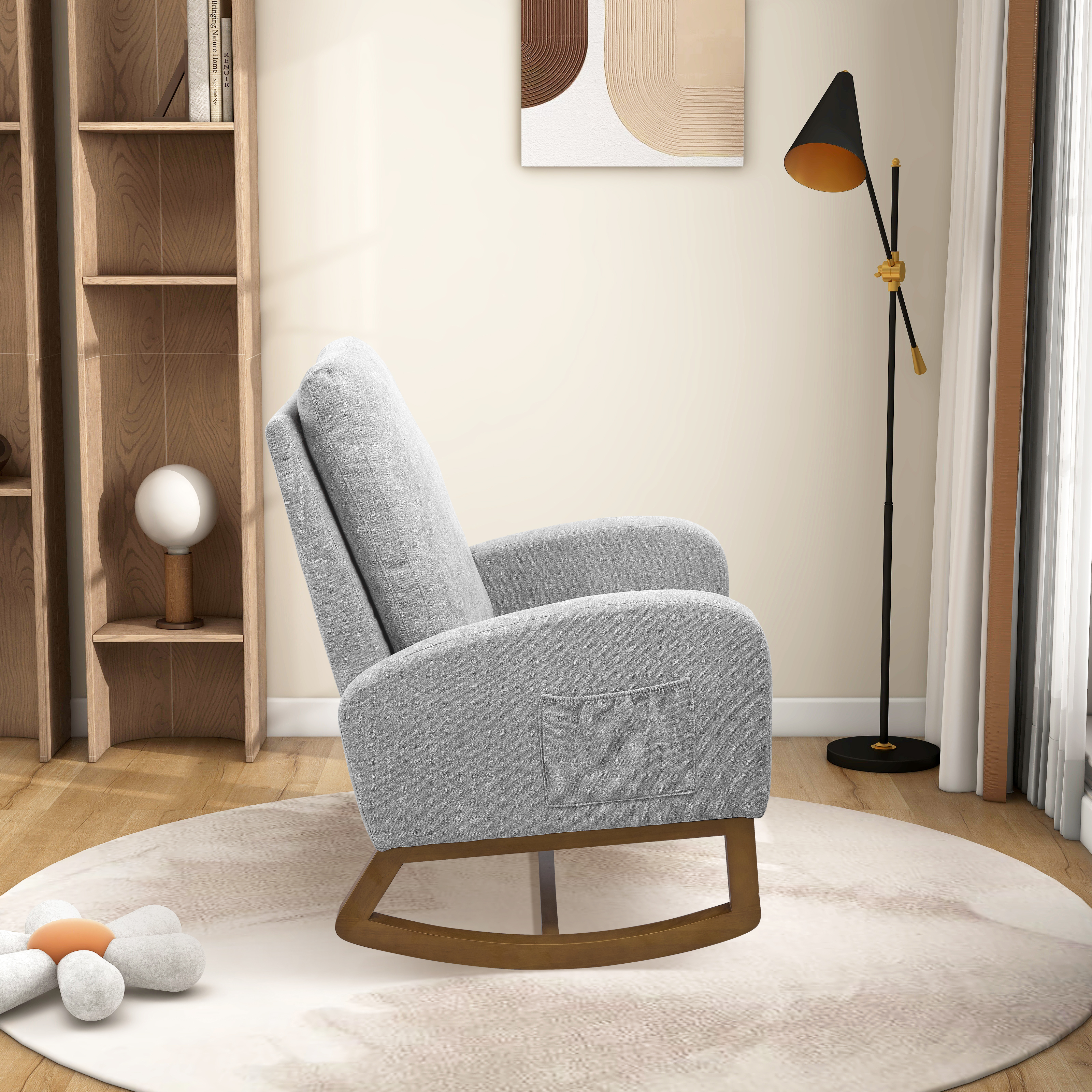 27.2"W Rocking Chair for Nursery, Polyester Glider Chair with High Back and Side Pocket, Rocking Accent Armchair with Rubber Wood Legs for Living Room/Bedroom.Light Gray