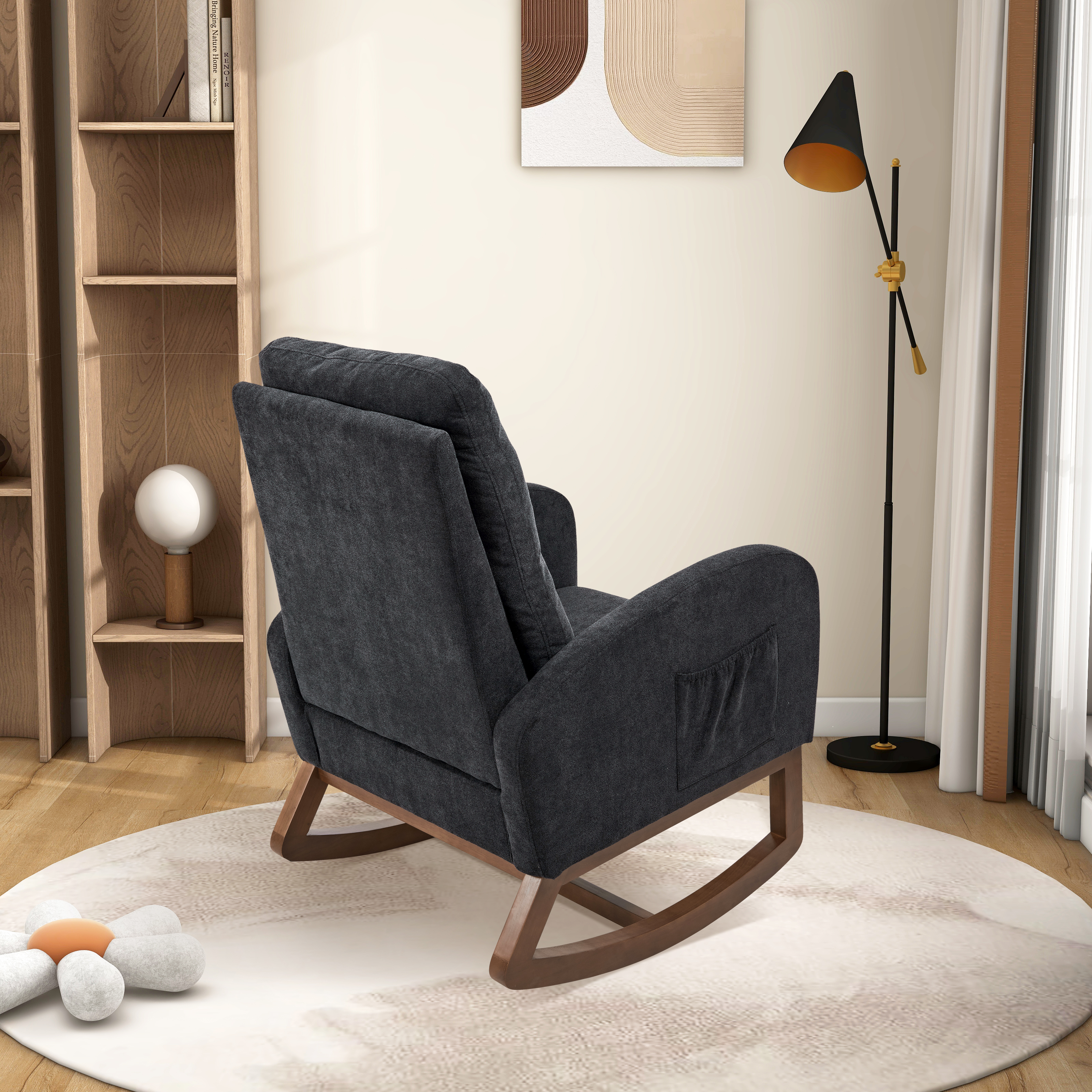 27.2"W Rocking Chair for Nursery, Polyester Glider Chair with High Back and Side Pocket, Rocking Accent Armchair with Rubber Wood Legs for Living Room/Bedroom.Black