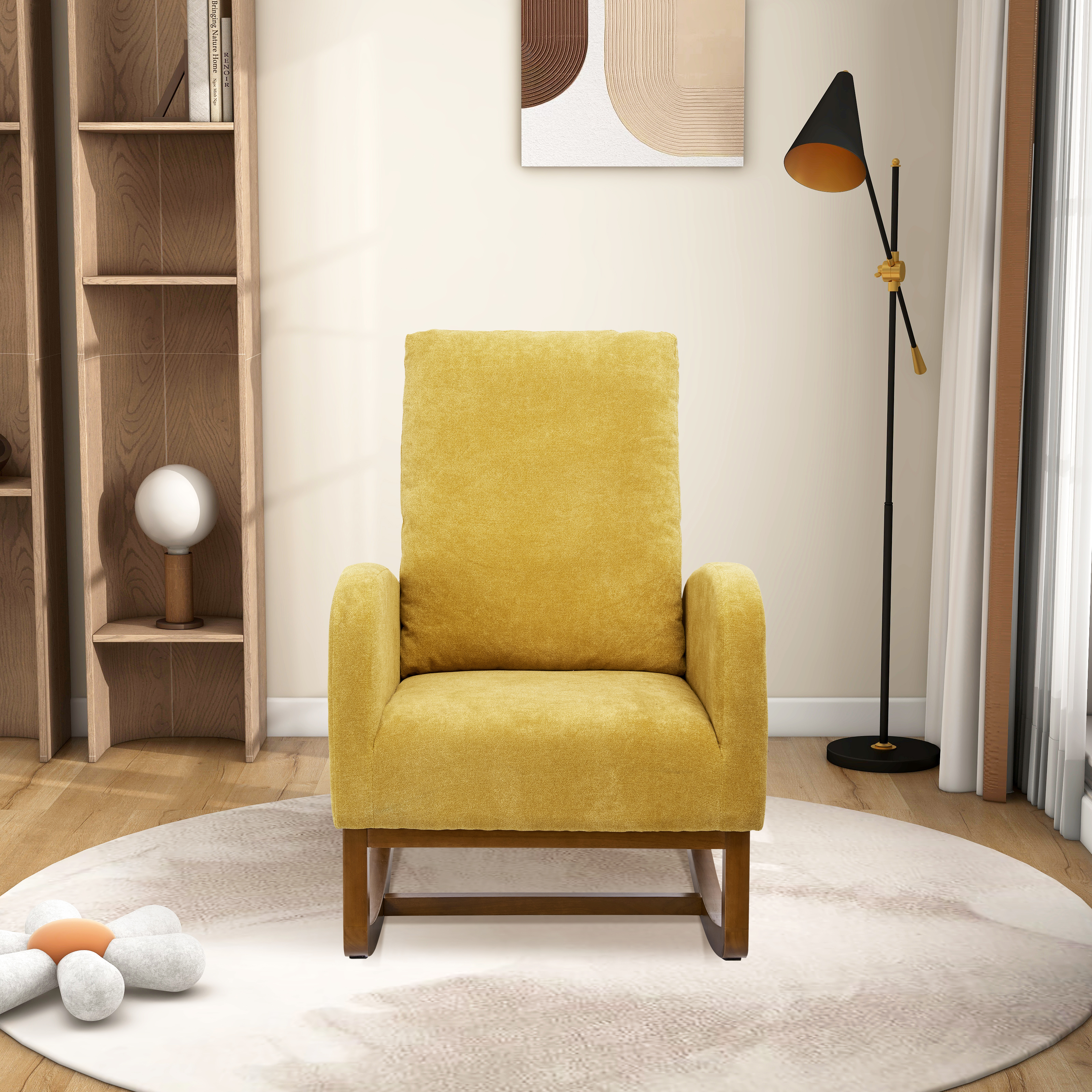 27.2"W Rocking Chair for Nursery, Polyester Glider Chair with High Back and Side Pocket, Rocking Accent Armchair with Rubber Wood Legs for Living Room/Bedroom.Mustard