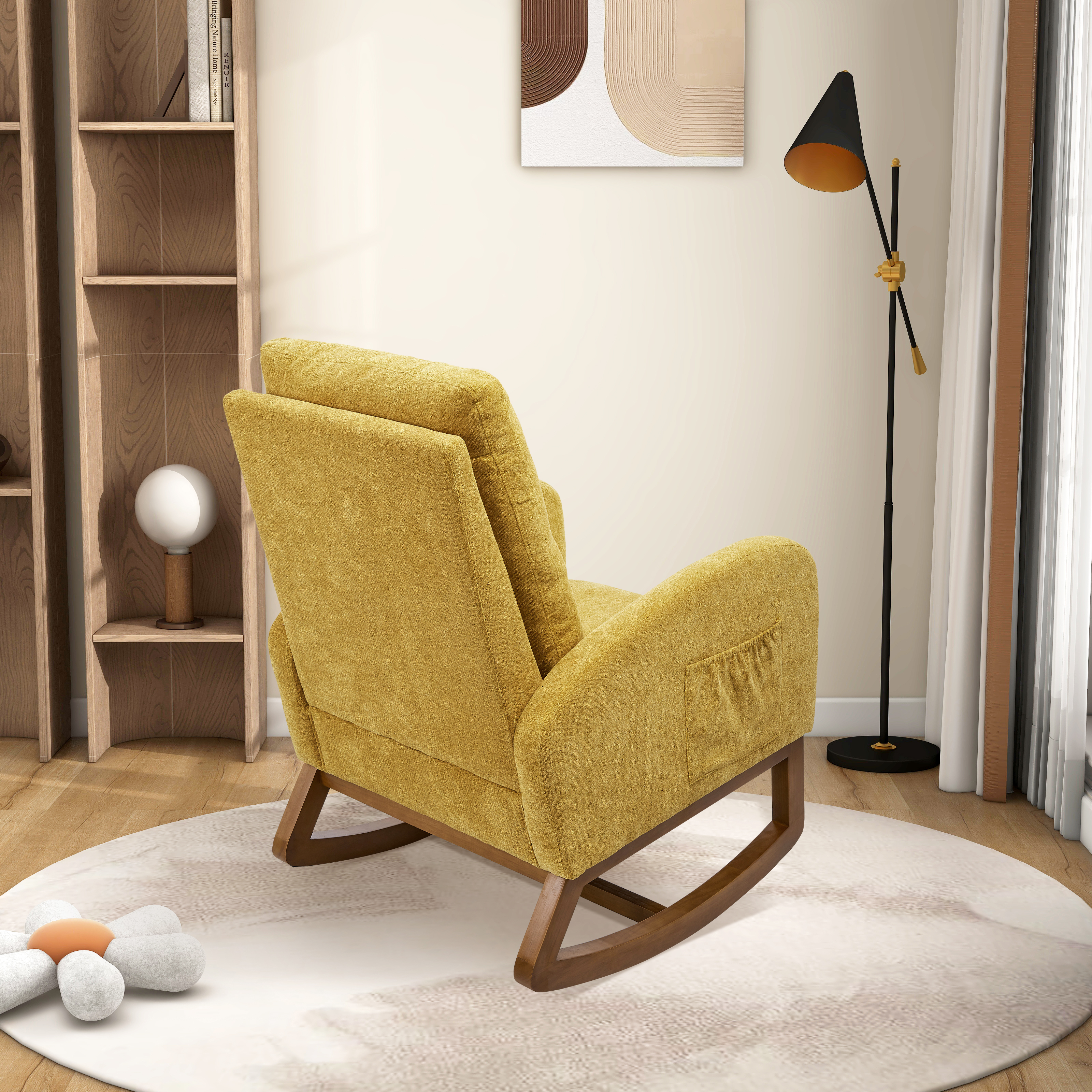 27.2"W Rocking Chair for Nursery, Polyester Glider Chair with High Back and Side Pocket, Rocking Accent Armchair with Rubber Wood Legs for Living Room/Bedroom.Mustard