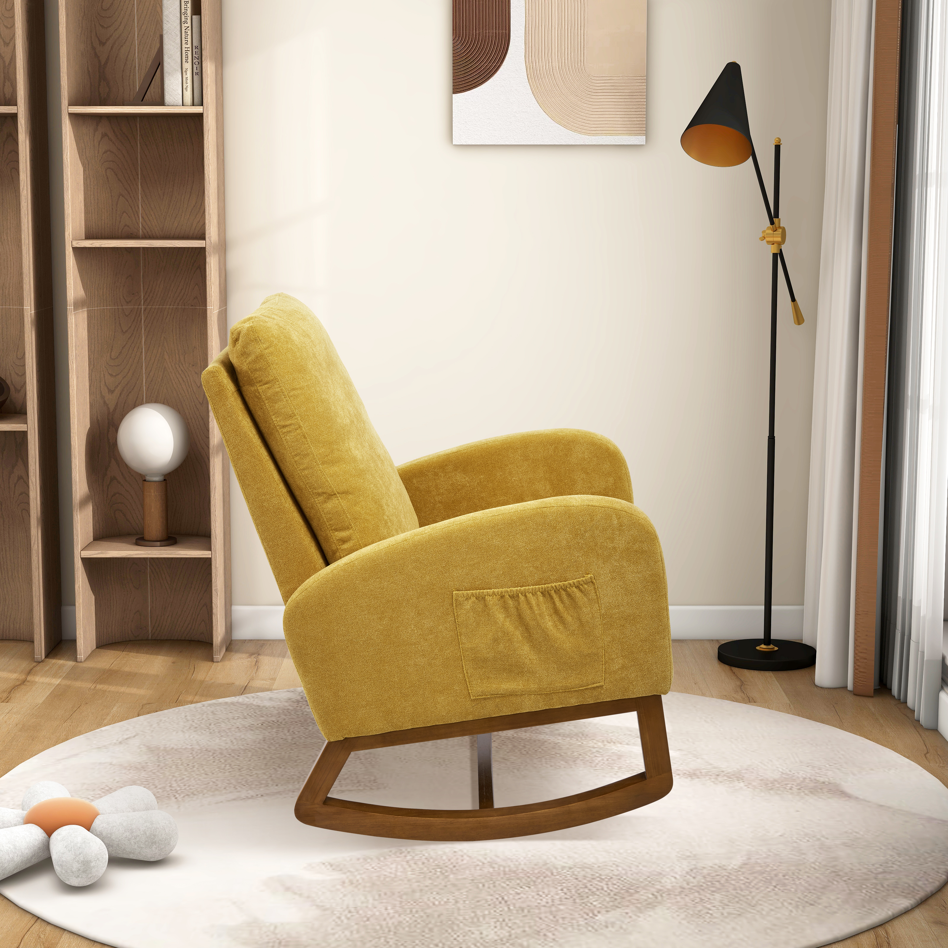 27.2"W Rocking Chair for Nursery, Polyester Glider Chair with High Back and Side Pocket, Rocking Accent Armchair with Rubber Wood Legs for Living Room/Bedroom.Mustard