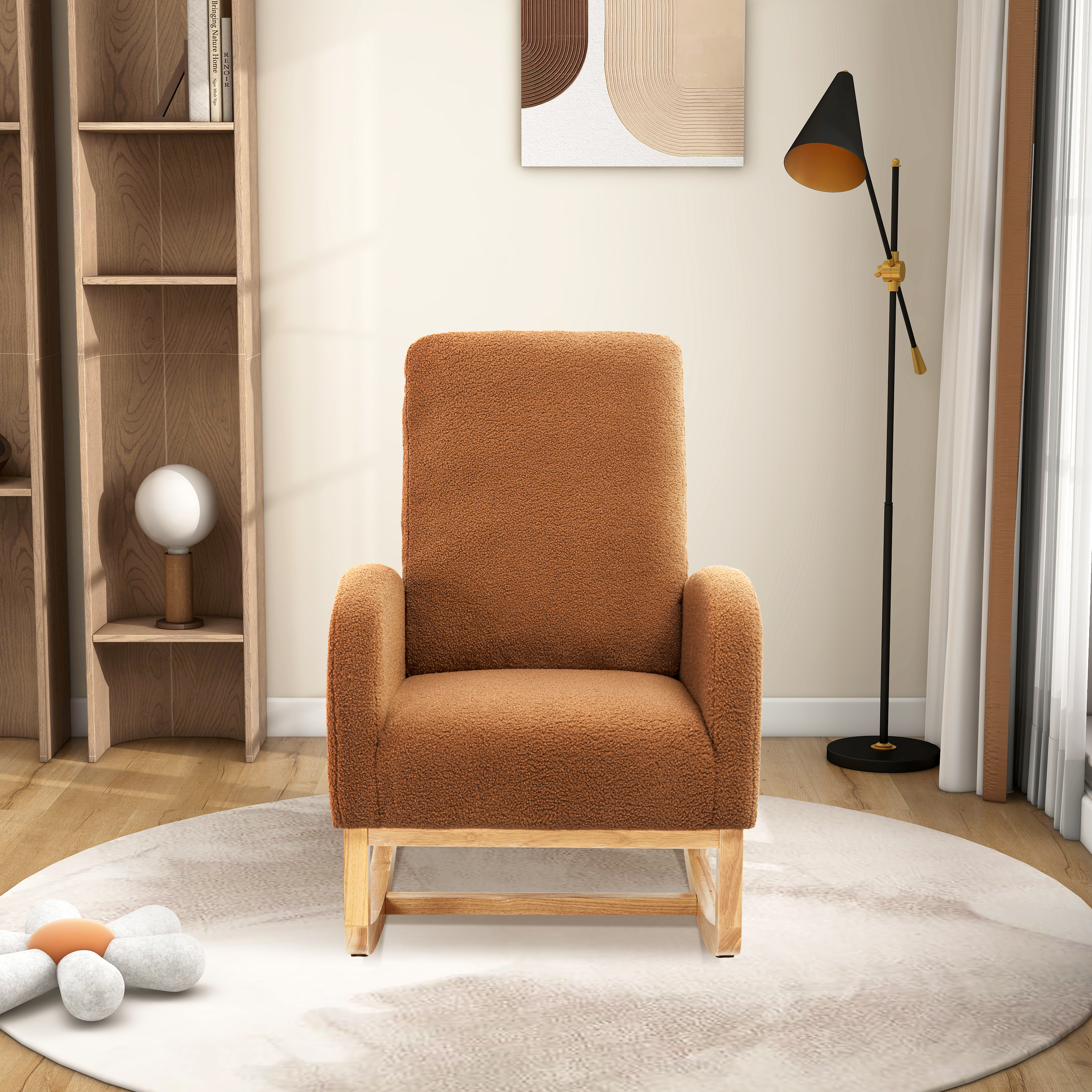 27.2"W Rocking Chair for Nursery, Sherpa Glider Chair with High Back and Side Pocket, Rocking Accent Armchair with Rubber Wood Legs for Living Room/Bedroom.Caramel