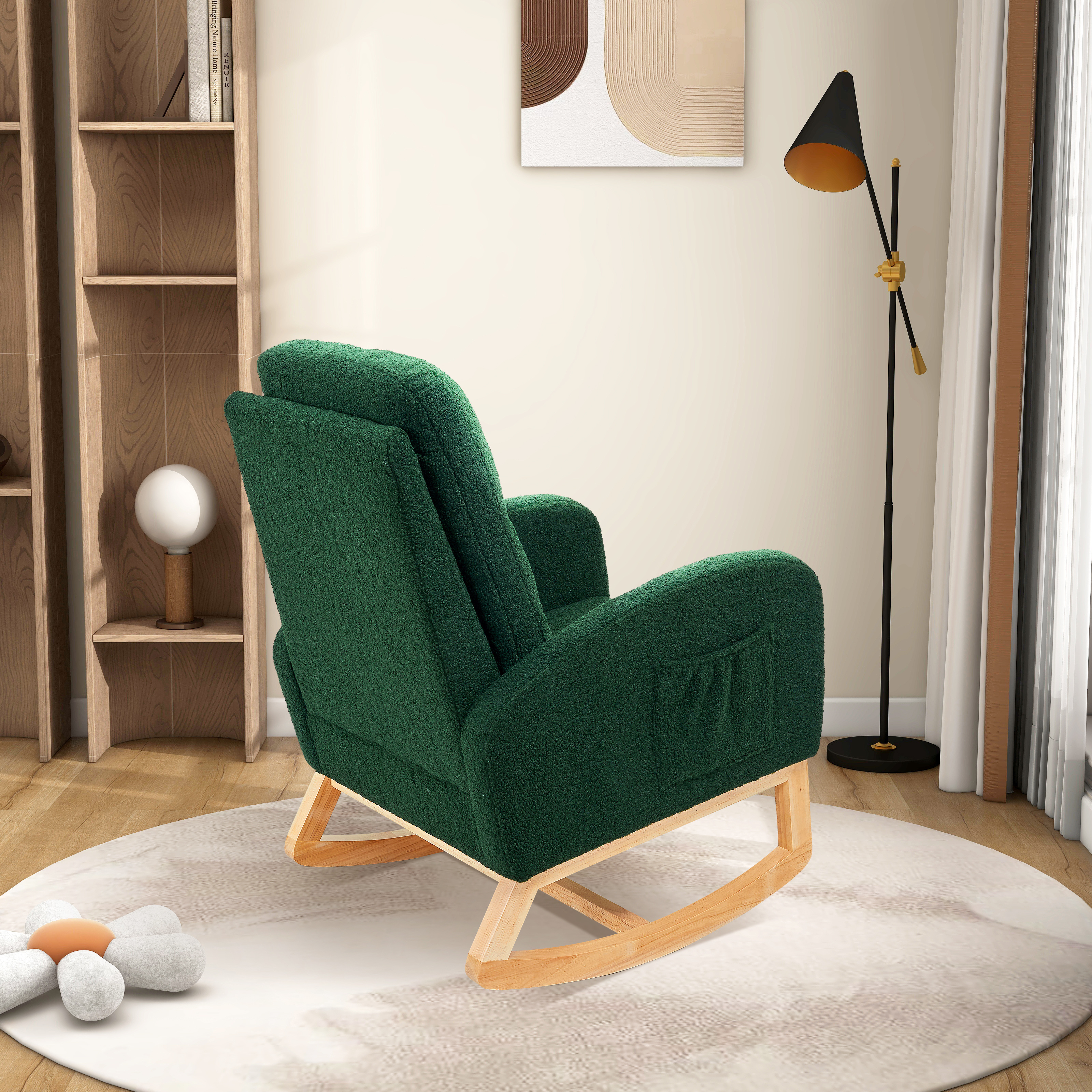 27.2"W Rocking Chair for Nursery, Sherpa Glider Chair with High Back and Side Pocket, Rocking Accent Armchair with Rubber Wood Legs for Living Room/Bedroom.Green