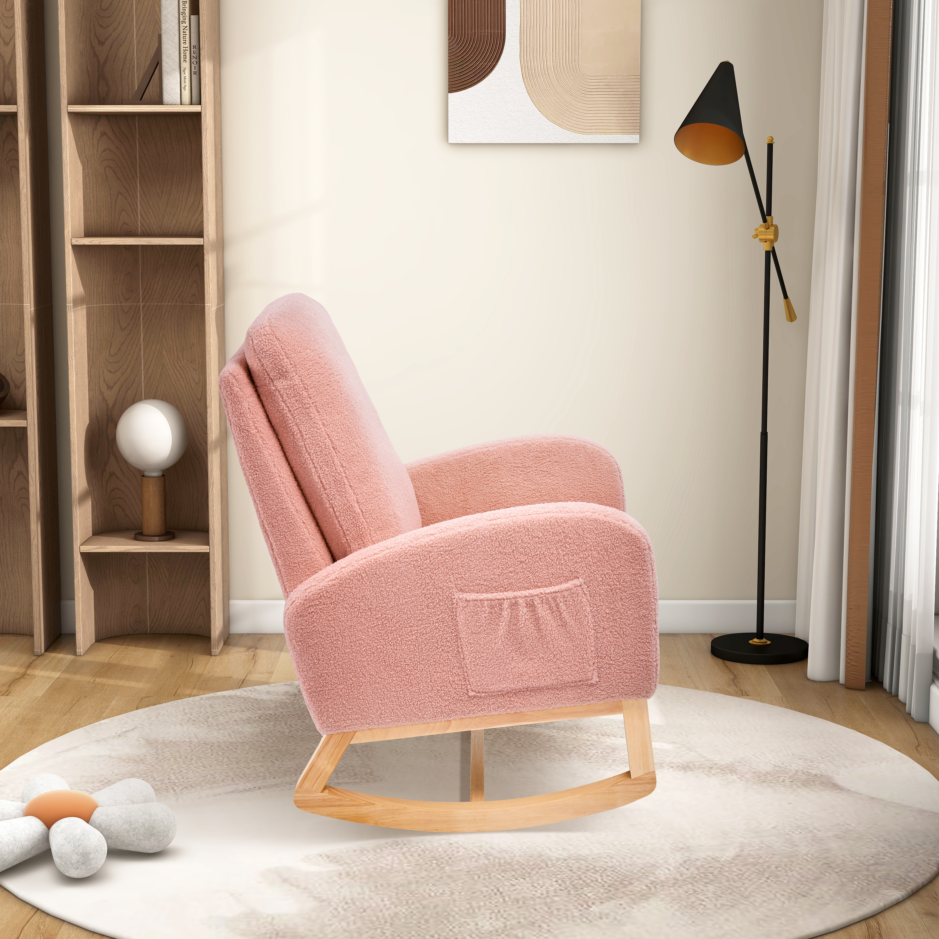 27.2"W Rocking Chair for Nursery, Sherpa Glider Chair with High Back and Side Pocket, Rocking Accent Armchair with Rubber Wood Legs for Living Room/Bedroom.Pink