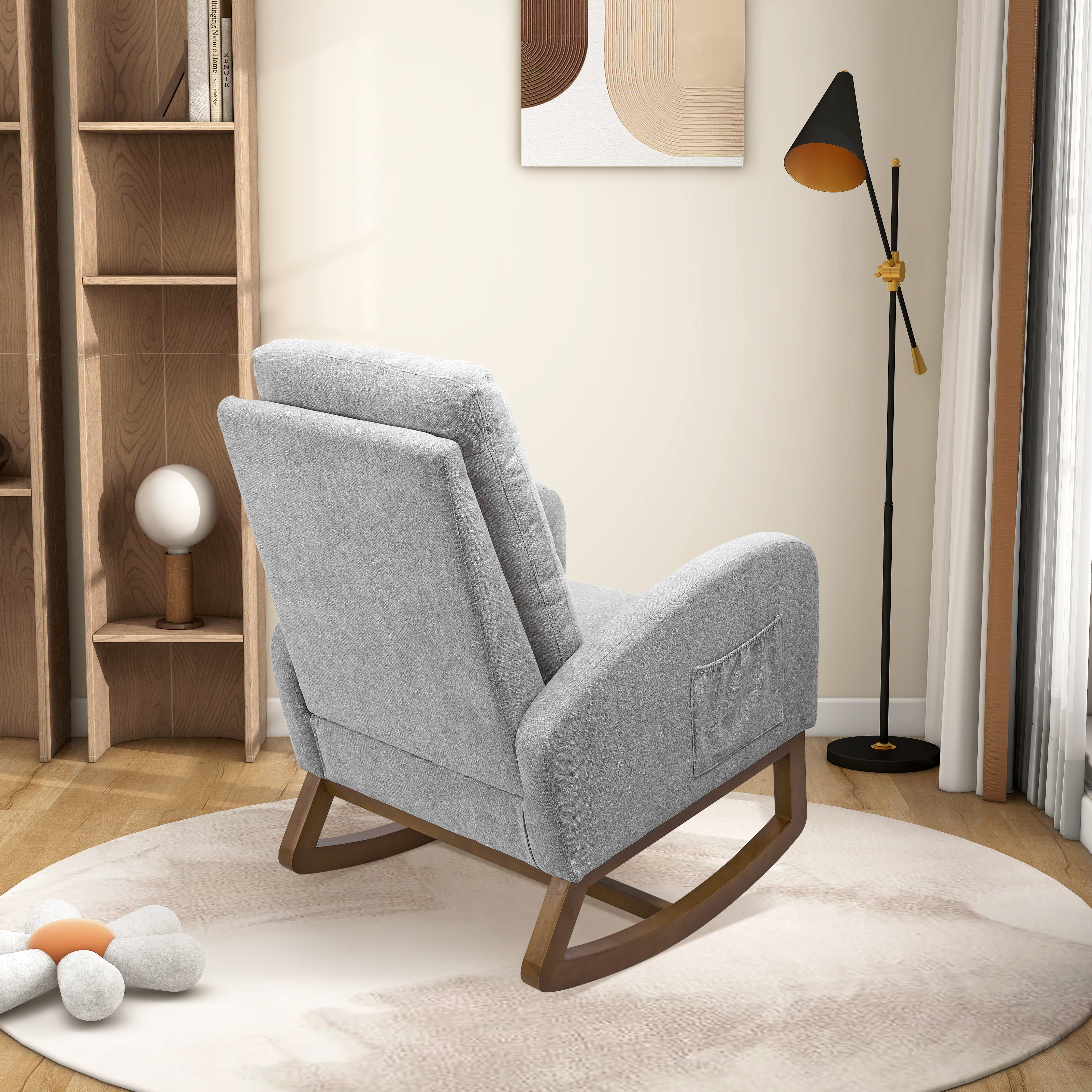 27.2"W Rocking Chair for Nursery, Polyester Glider Chair with High Back and Side Pocket, Rocking Accent Armchair with Rubber Wood Legs for Living Room/Bedroom.Light Gray