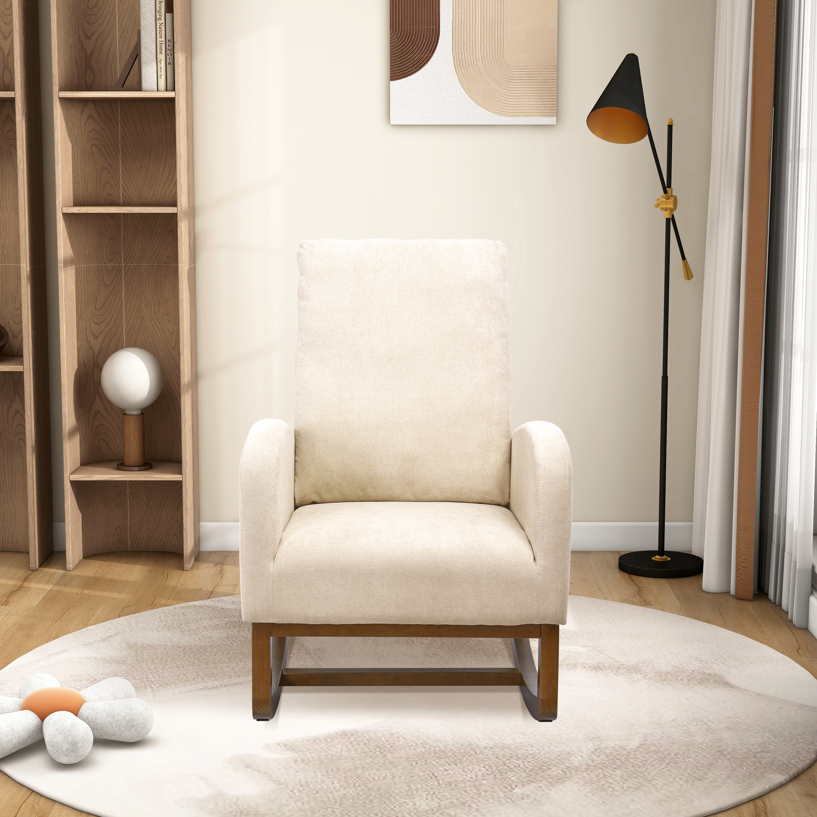 27.2"W  Rocking Chair for Nursery, Polyester Glider Chair with High Back and Side Pocket, Rocking Accent Armchair with Rubber Wood Legs for Living Room/Bedroom.Beige