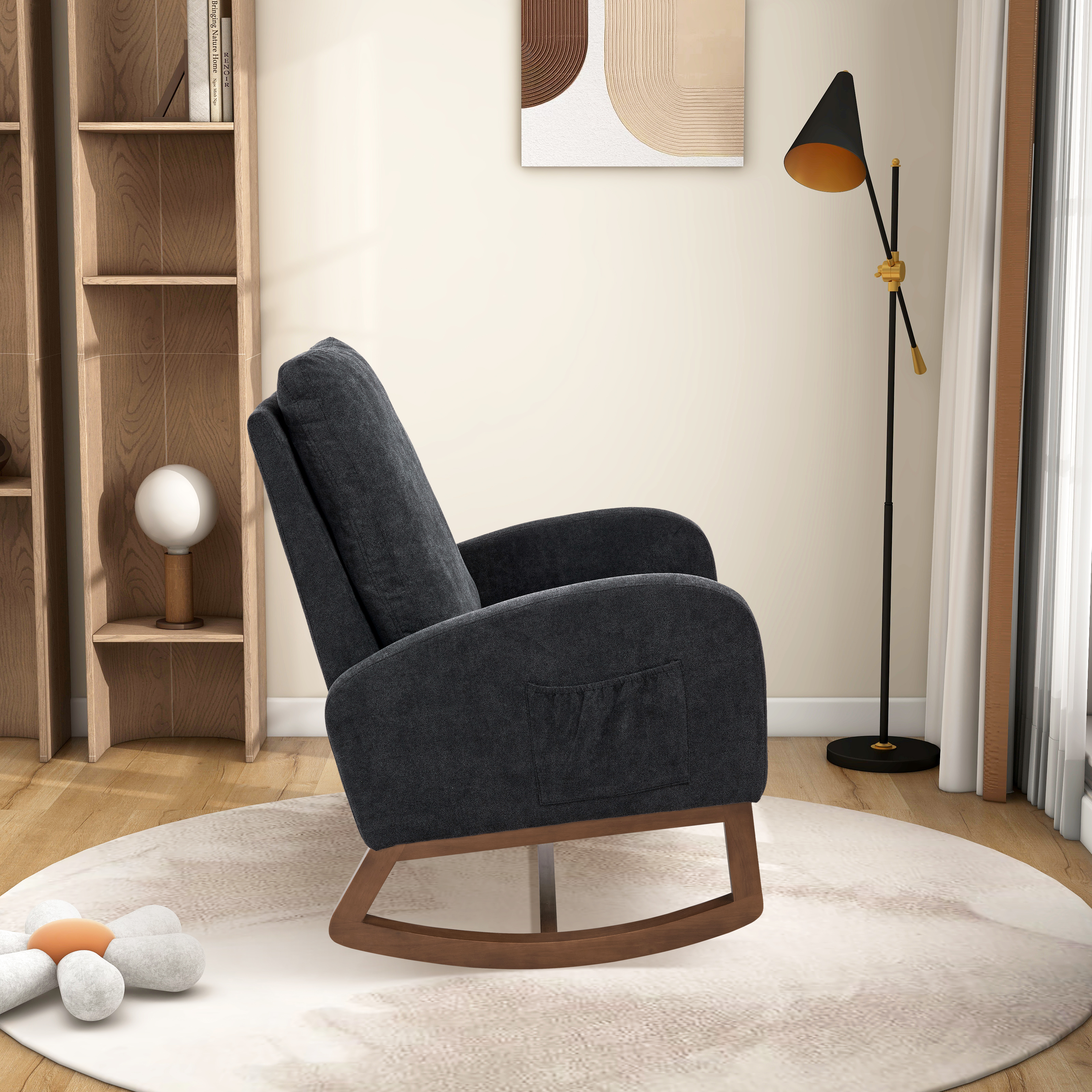 27.2"W Rocking Chair for Nursery, Polyester Glider Chair with High Back and Side Pocket, Rocking Accent Armchair with Rubber Wood Legs for Living Room/Bedroom.Black