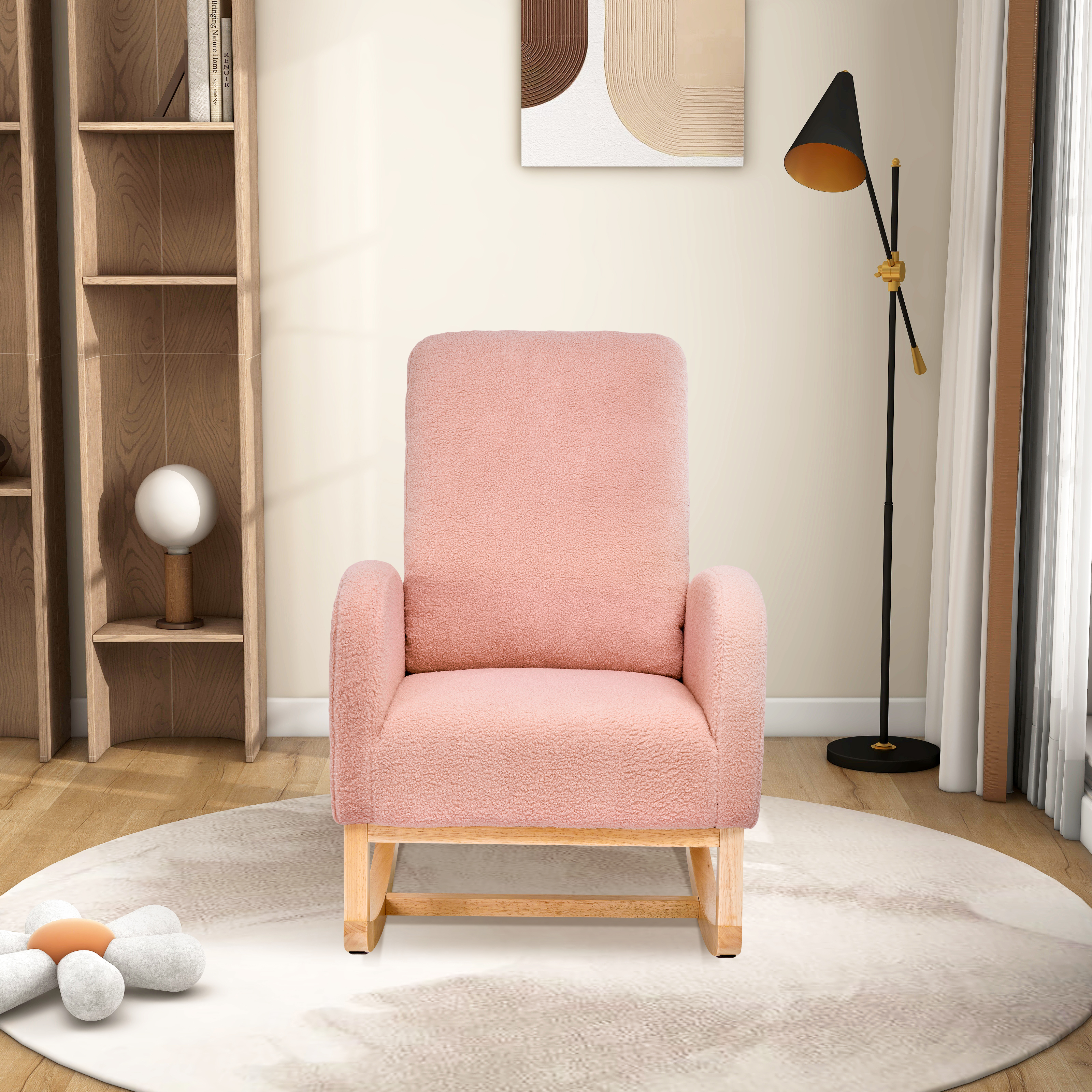 27.2"W Rocking Chair for Nursery, Sherpa Glider Chair with High Back and Side Pocket, Rocking Accent Armchair with Rubber Wood Legs for Living Room/Bedroom.Pink