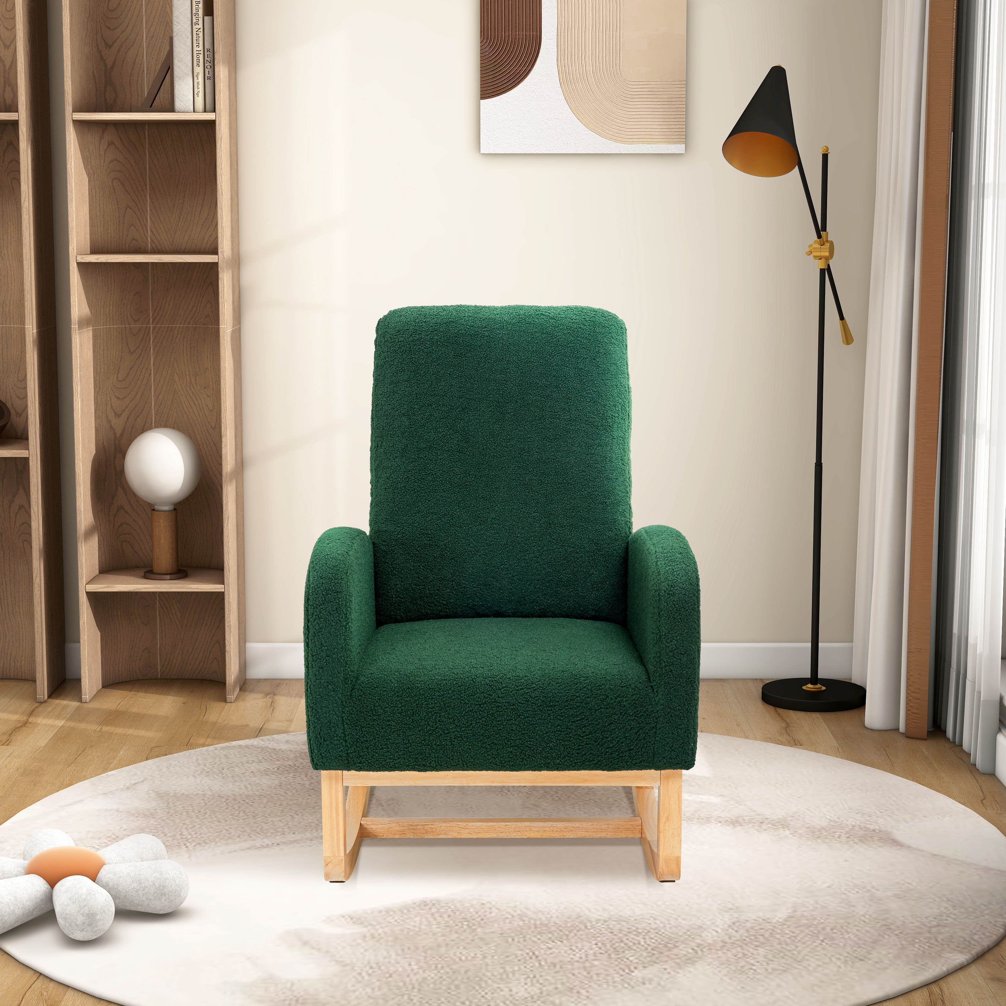 27.2"W Rocking Chair for Nursery, Sherpa Glider Chair with High Back and Side Pocket, Rocking Accent Armchair with Rubber Wood Legs for Living Room/Bedroom.Green