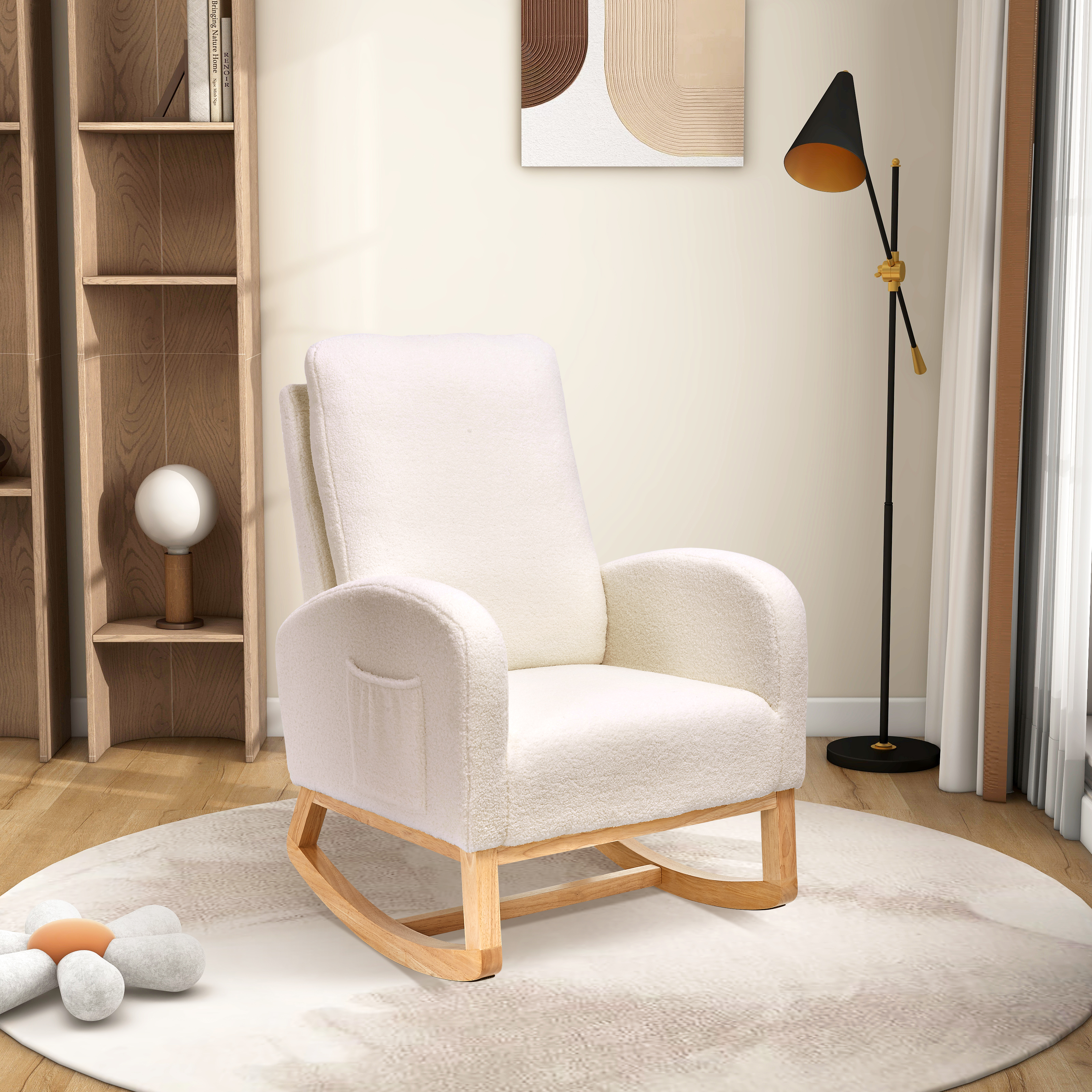 27.2"W Rocking Chair for Nursery, Sherpa Glider Chair with High Back and Side Pocket, Rocking Accent Armchair with Rubber Wood Legs for Living Room/Bedroom.Ivory