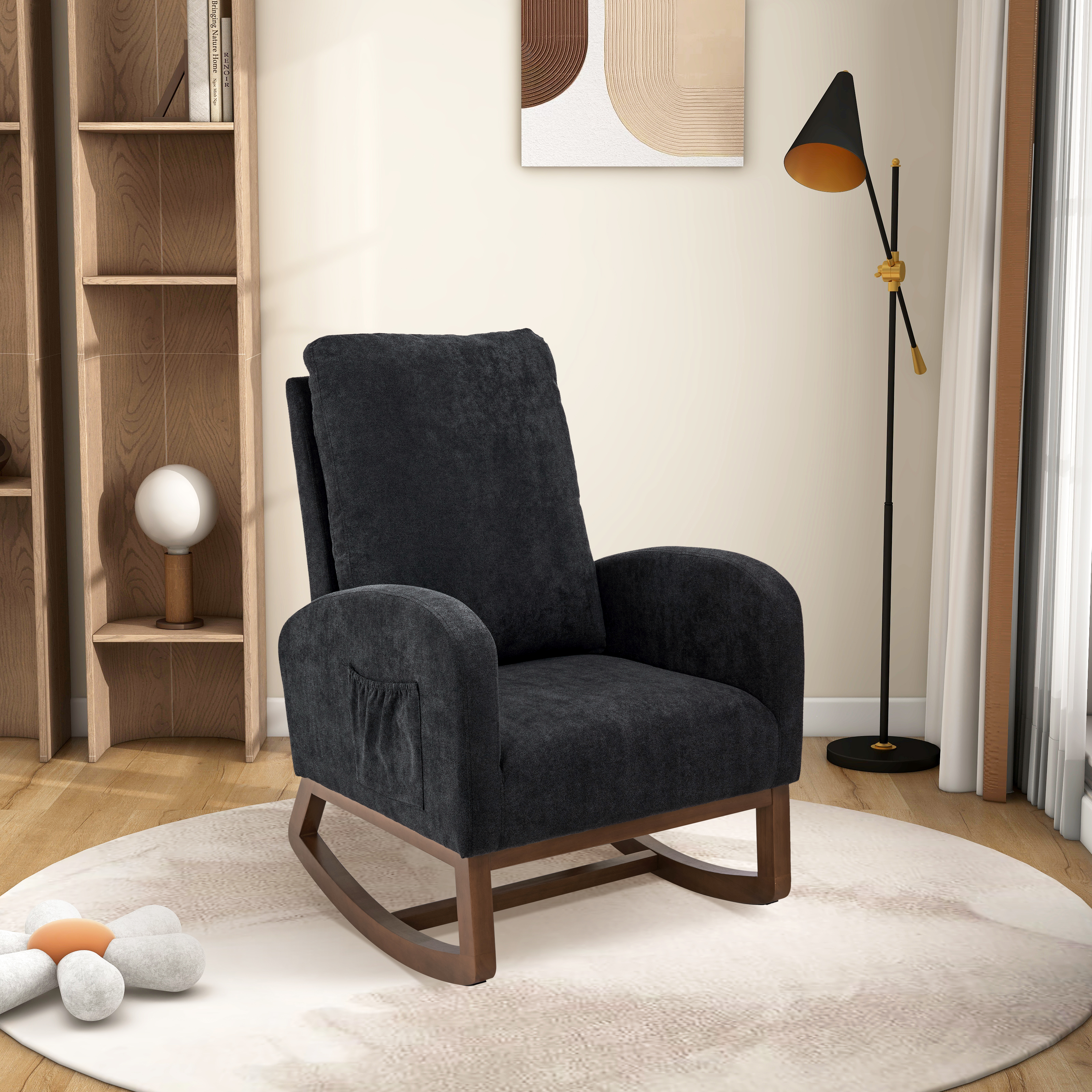 27.2"W Rocking Chair for Nursery, Polyester Glider Chair with High Back and Side Pocket, Rocking Accent Armchair with Rubber Wood Legs for Living Room/Bedroom.Black