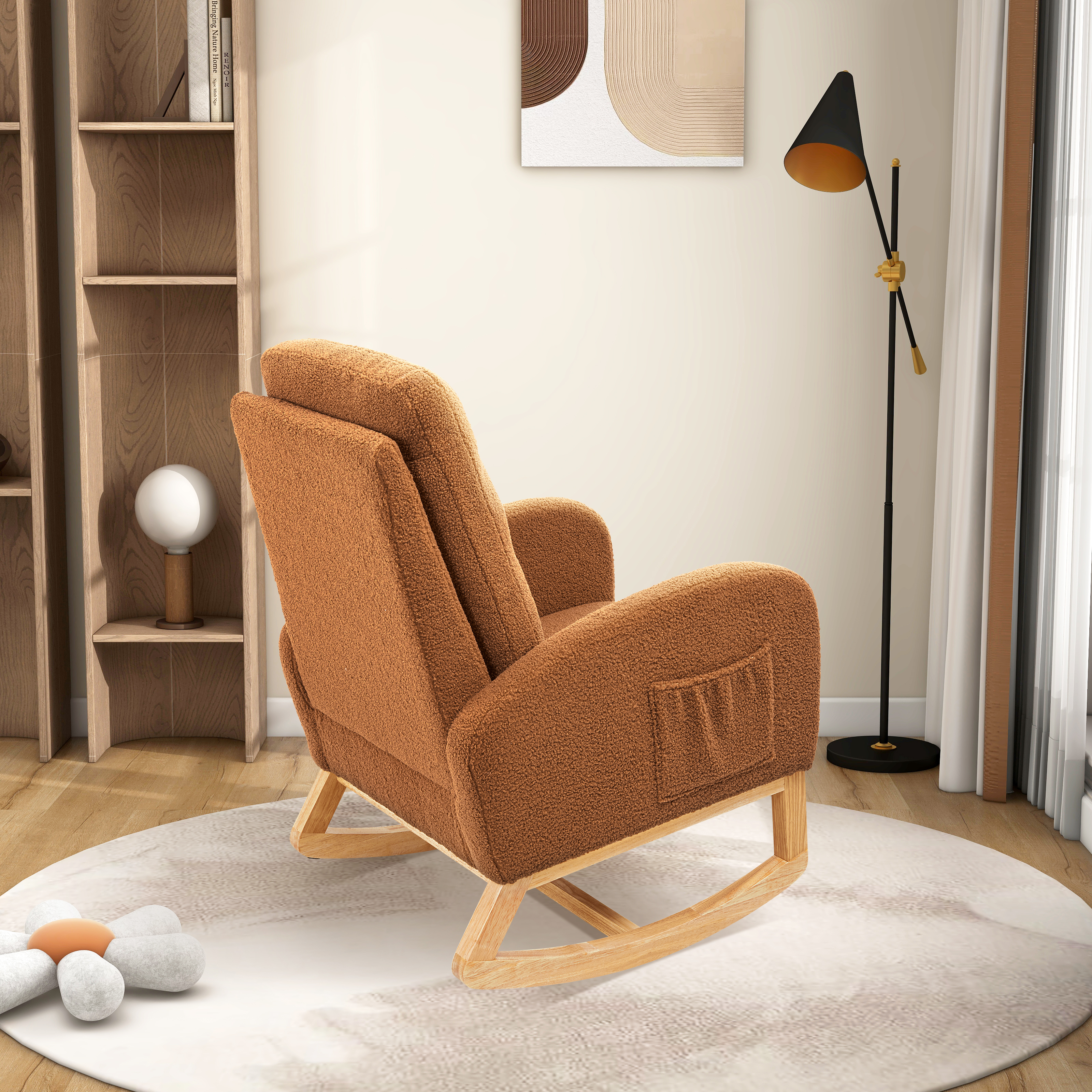 27.2"W Rocking Chair for Nursery, Sherpa Glider Chair with High Back and Side Pocket, Rocking Accent Armchair with Rubber Wood Legs for Living Room/Bedroom.Caramel