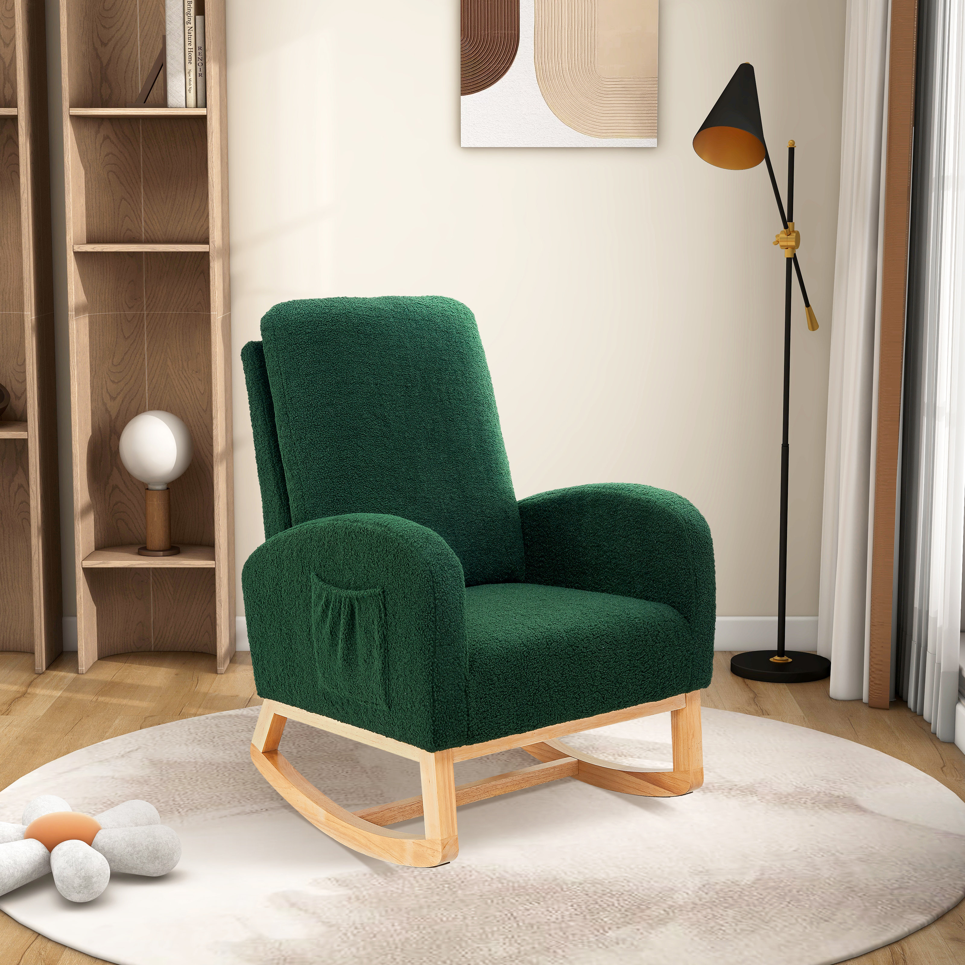 27.2"W Rocking Chair for Nursery, Sherpa Glider Chair with High Back and Side Pocket, Rocking Accent Armchair with Rubber Wood Legs for Living Room/Bedroom.Green