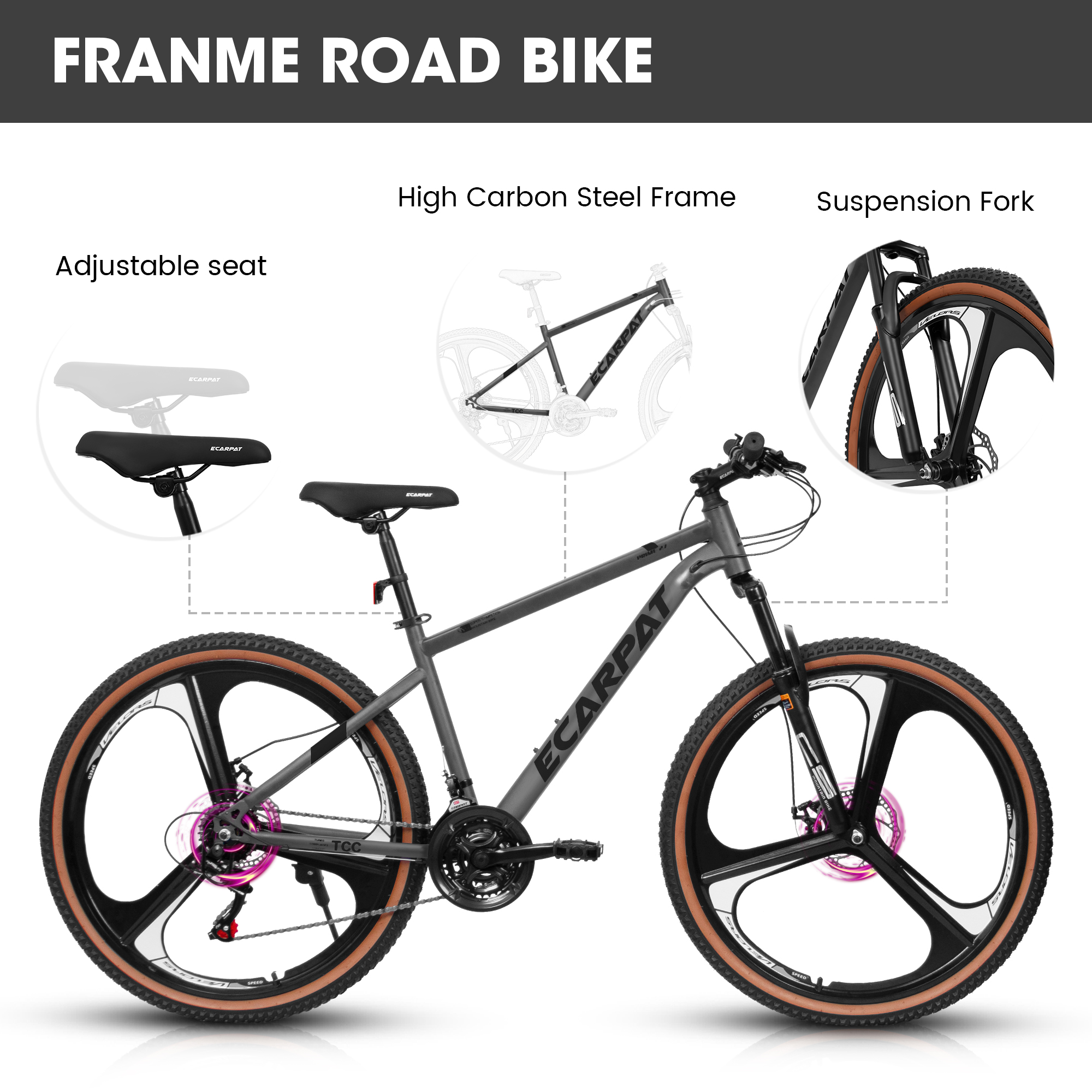 A27301M Ecarpat Mountain Bike 27.5 Inch Wheels, 21 Speed Road Bicycle with Dual Disc Brakes for Men and Women,High Carbon Steel Frame Front Fork Bicycles, Adult Faster Racing Bike