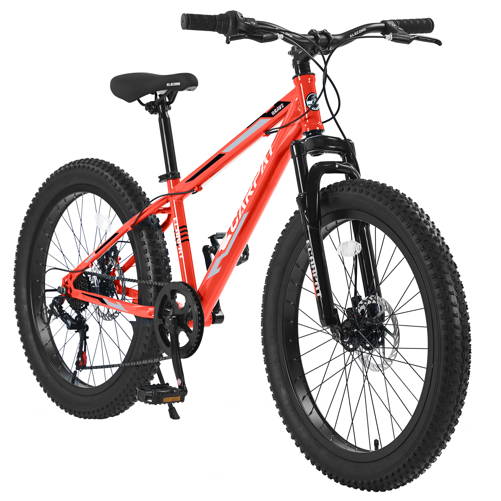 S24109 Elecony 24 Inch Fat Tire Bike Adult/Youth Full Shimano 7 Speeds Mountain Bike, Dual Disc Brake, High-Carbon Steel Frame, Front Suspension, Mountain Trail Bike, Urban Commuter City Bicycle