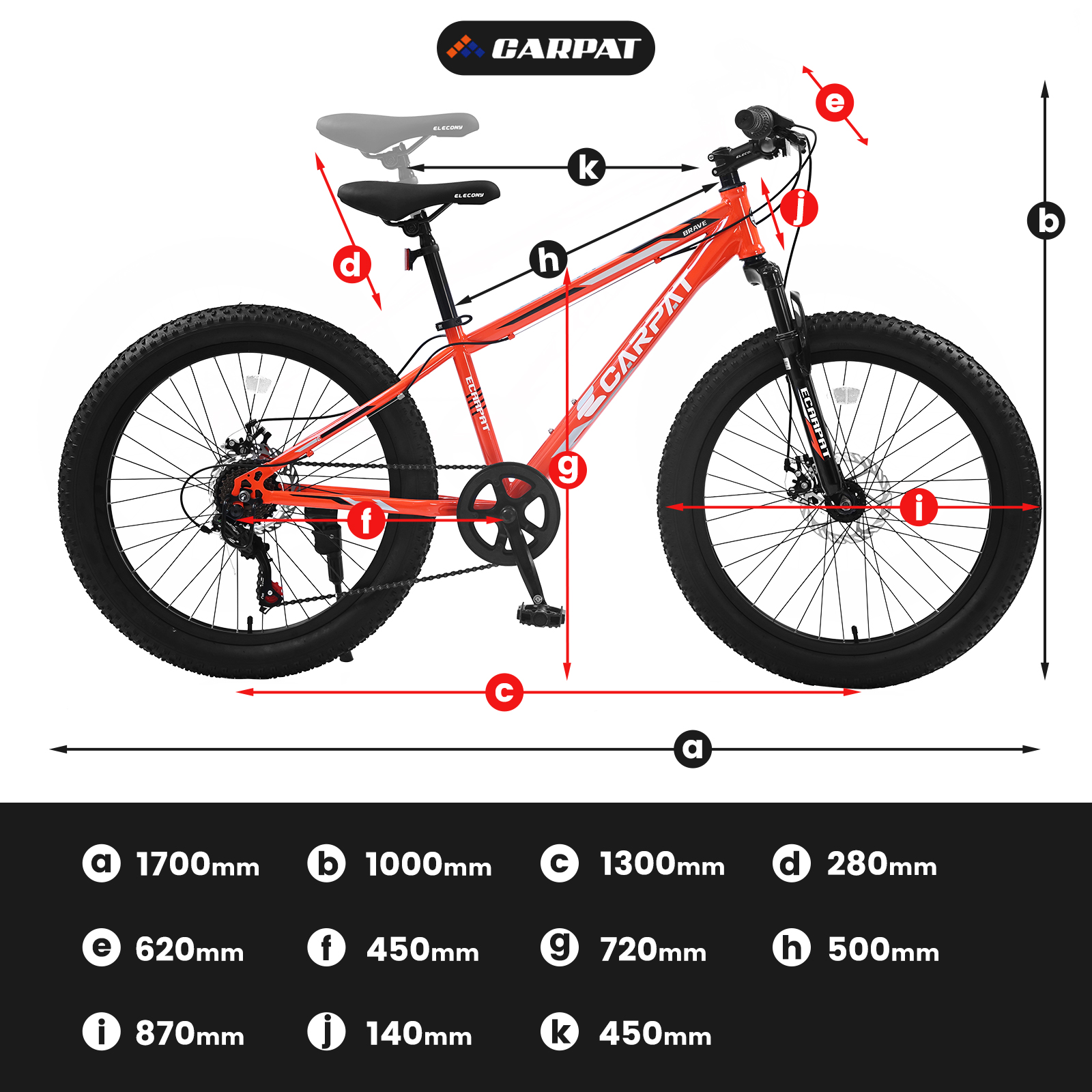 S24109 Elecony 24 Inch Fat Tire Bike Adult/Youth Full Shimano 7 Speeds Mountain Bike, Dual Disc Brake, High-Carbon Steel Frame, Front Suspension, Mountain Trail Bike, Urban Commuter City Bicycle