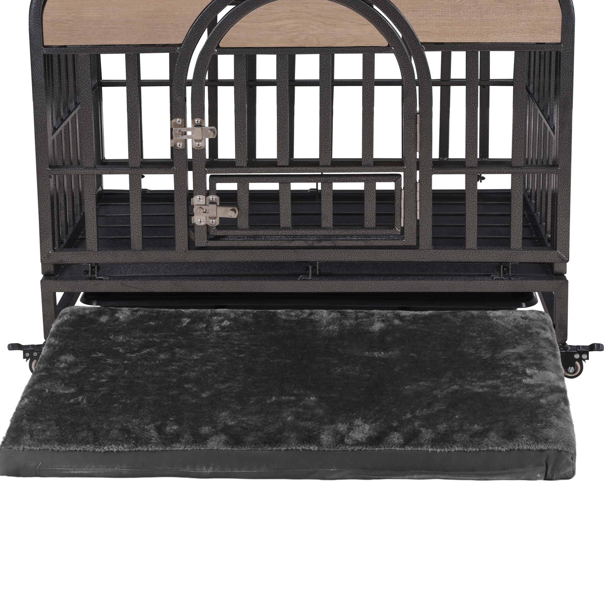 46in Heavy Duty Dog Crate, Furniture Style Dog Crate with Removable Trays and Wheels for High Anxiety Dogs