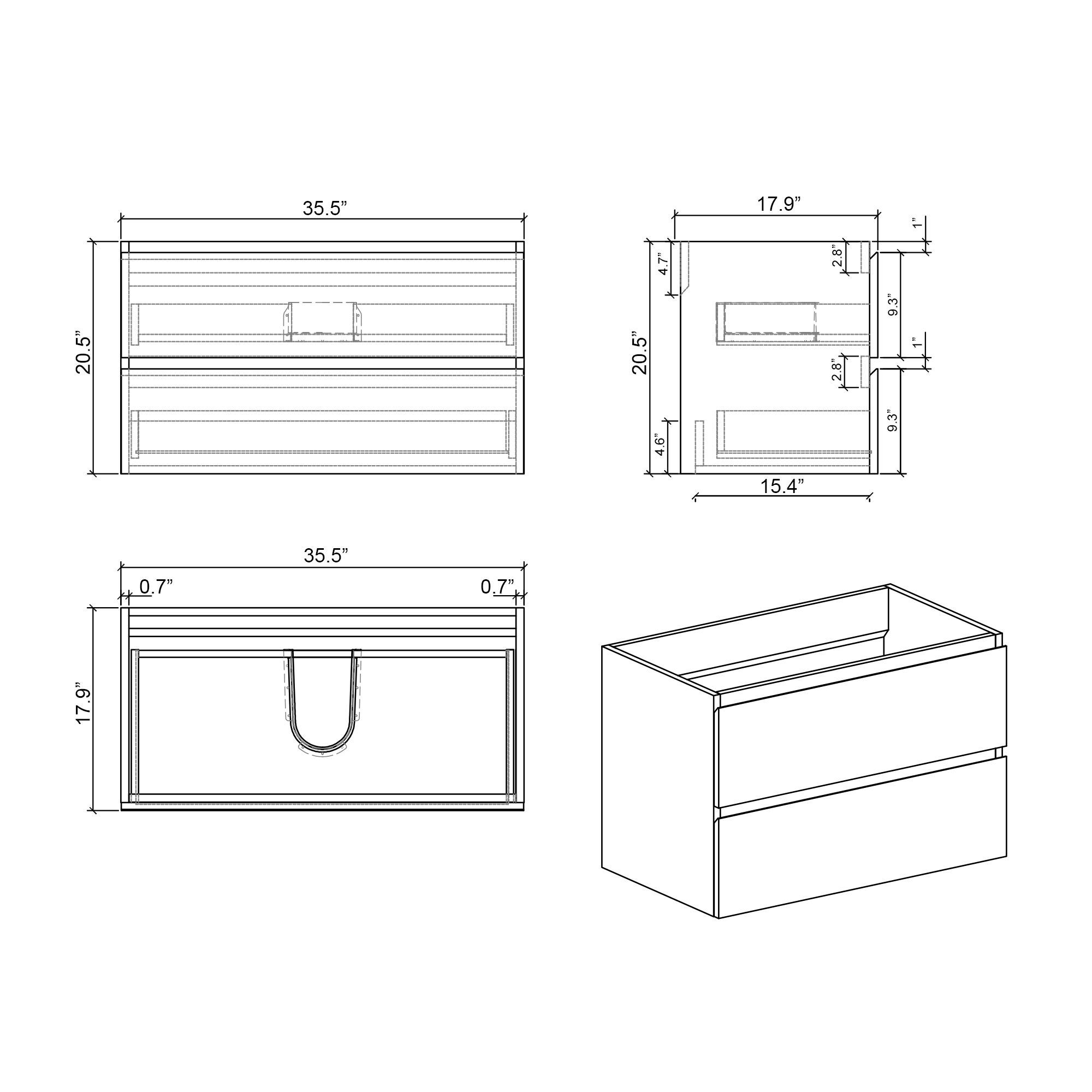 Alice-36W-102,Wall mount cabinet WITHOUT basin,Gray color,With two drawers