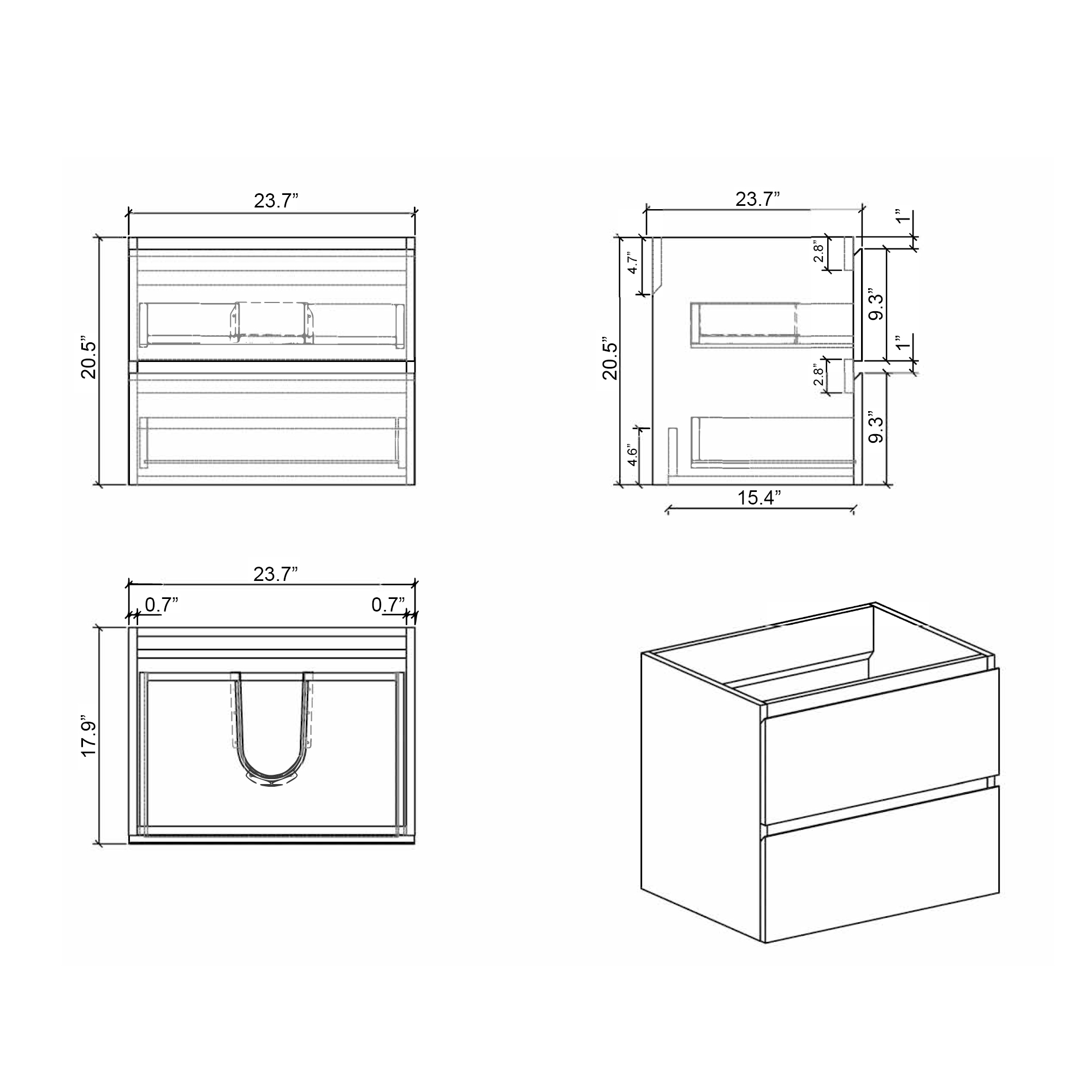 Alice-24W-201,Wall mount bathroom vanity WITHOUT basin, white color, with two drawer.