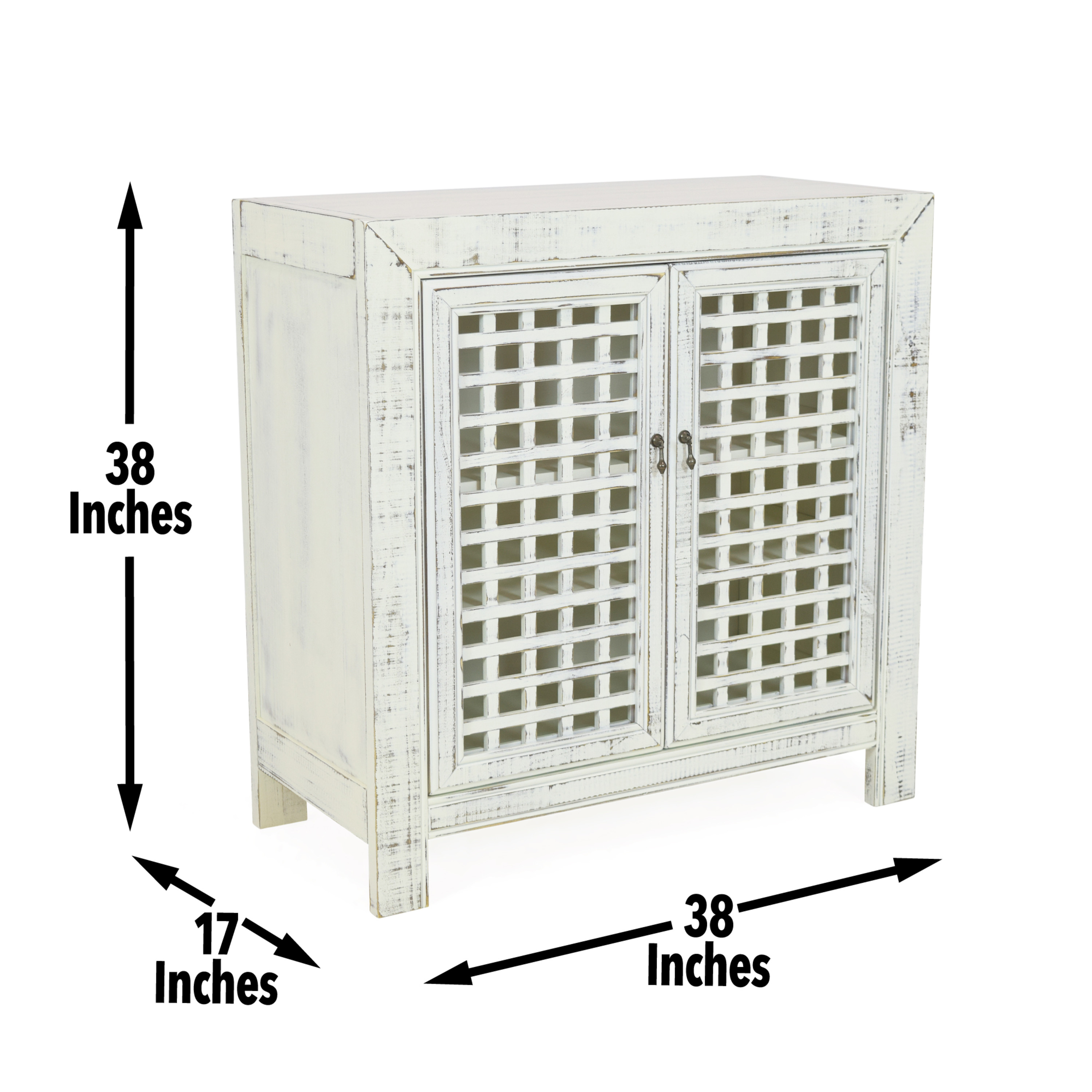 Rio Accent Cabinet - Vintage Pie Safe Inspiration - Lattice Work Front, Remote-Friendly - Farmhouse Style, Distressed White Finish - Perfect for Casual Décor