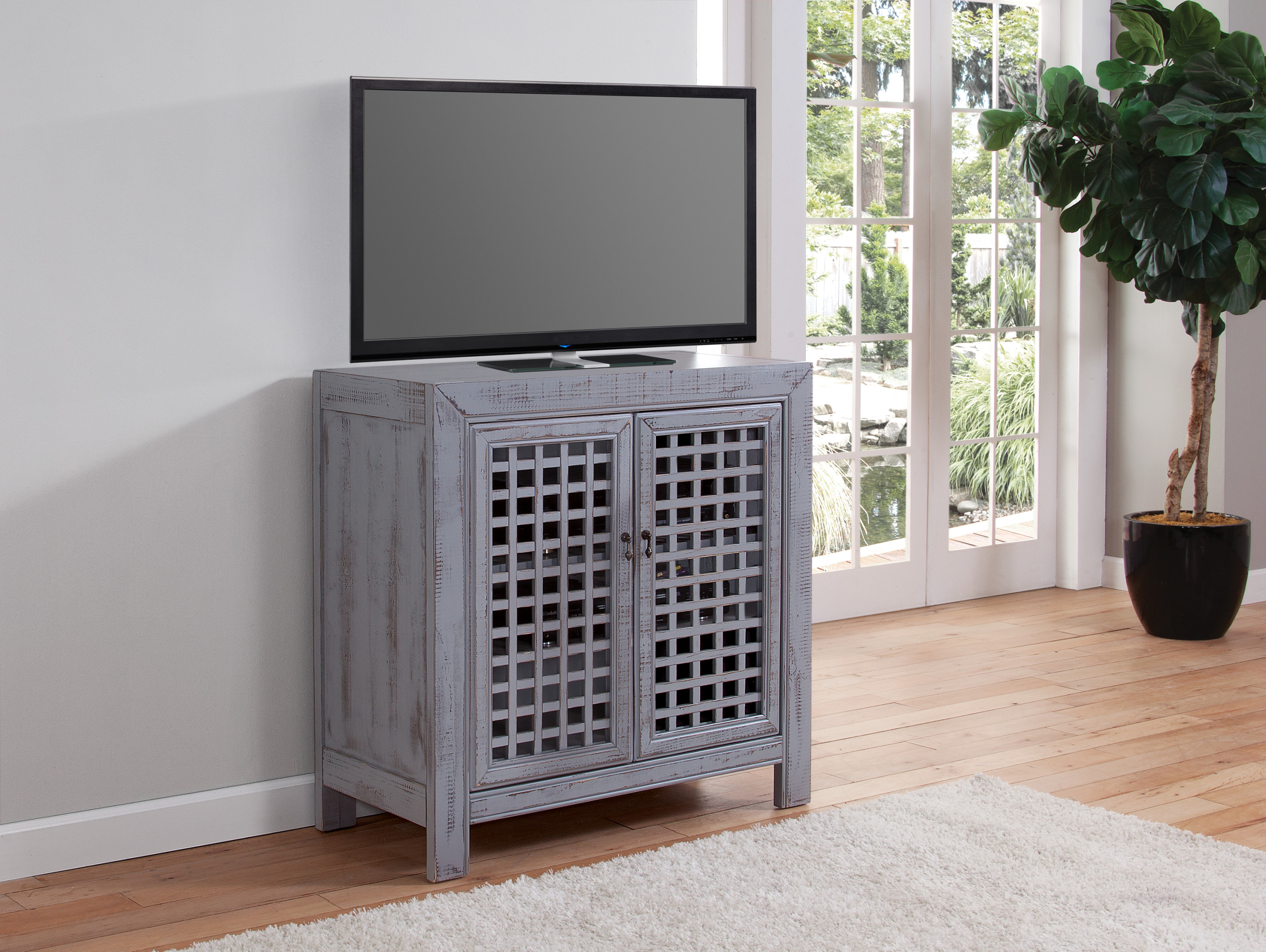 Farmhouse Inspired Accent Cabinet - Lattice Work Front, Distressed Grey Finish