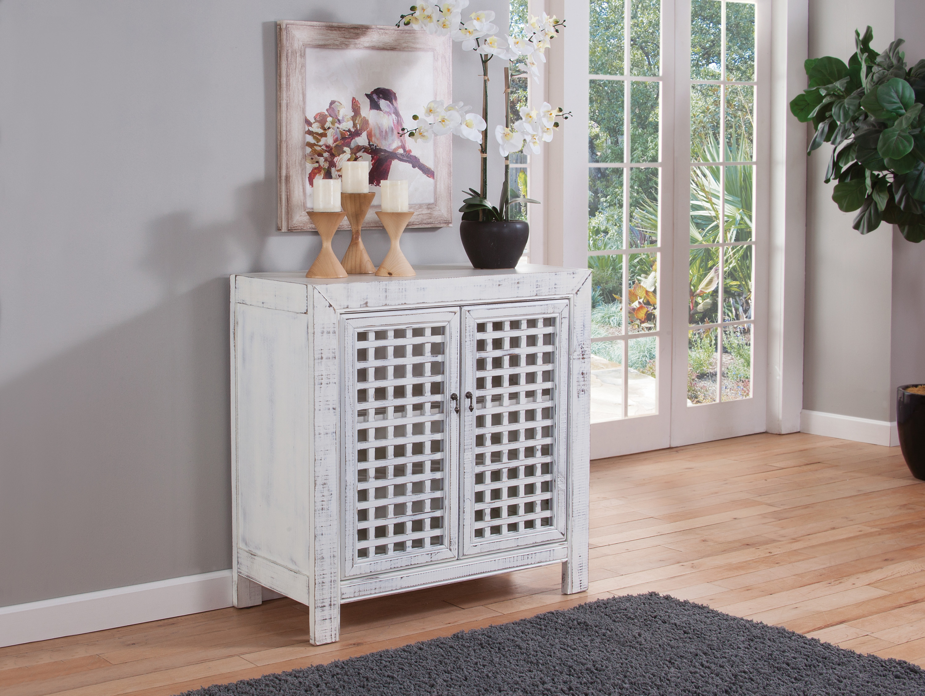 Rio Accent Cabinet - Vintage Pie Safe Inspiration - Lattice Work Front, Remote-Friendly - Farmhouse Style, Distressed White Finish - Perfect for Casual Décor