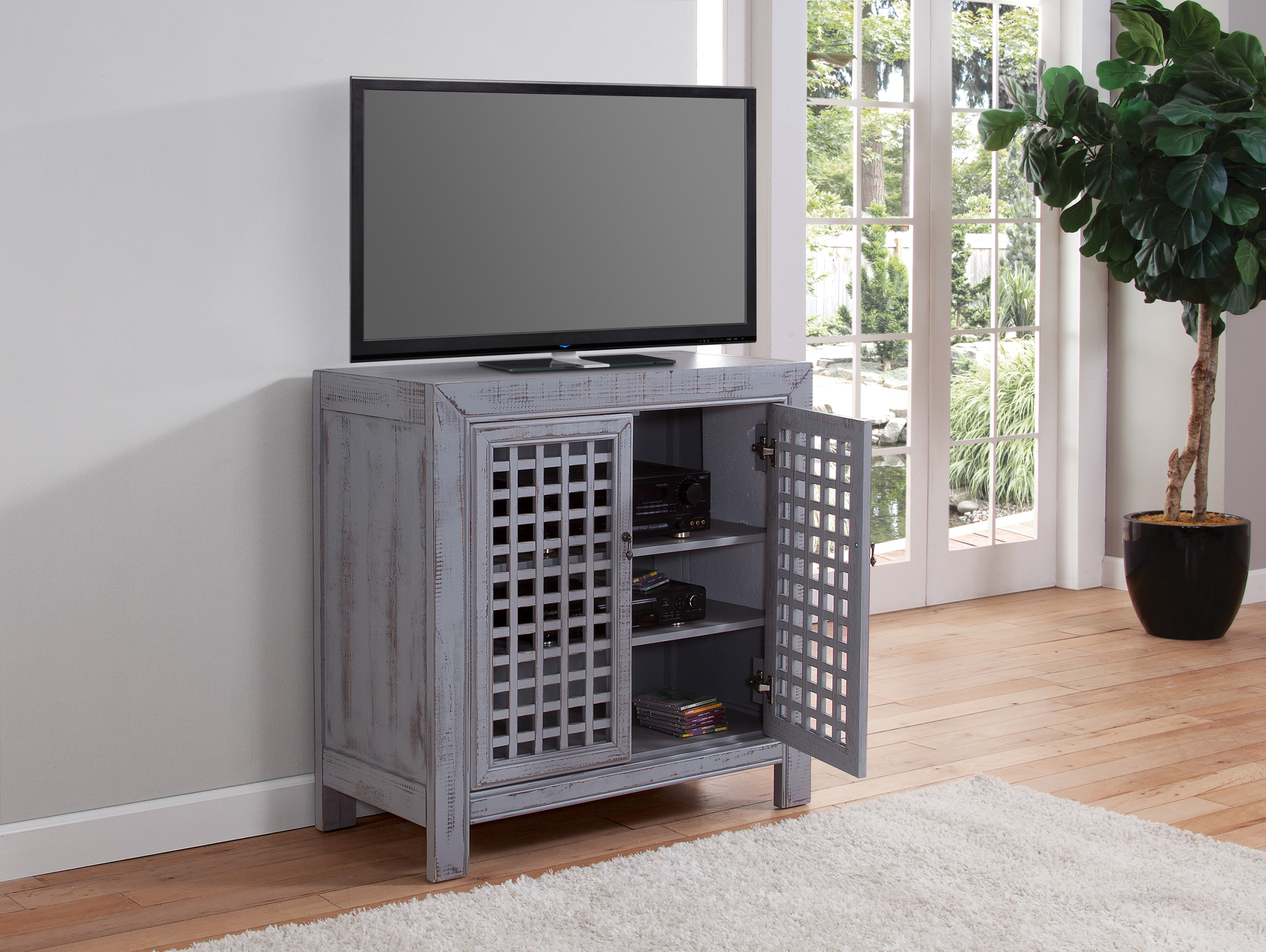 Farmhouse Inspired Accent Cabinet - Lattice Work Front, Distressed Grey Finish