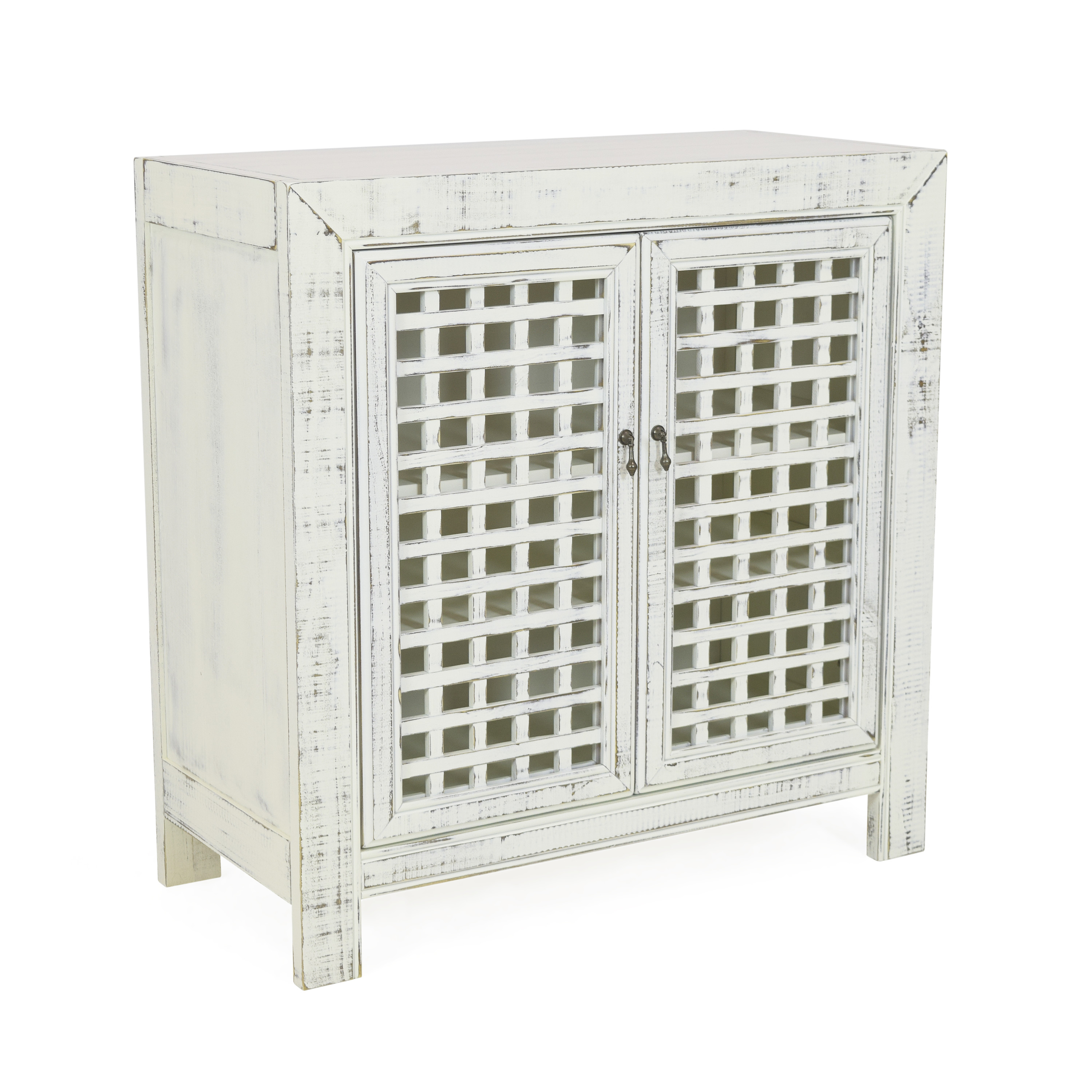 Rio Accent Cabinet - Vintage Pie Safe Inspiration - Lattice Work Front, Remote-Friendly - Farmhouse Style, Distressed White Finish - Perfect for Casual Décor