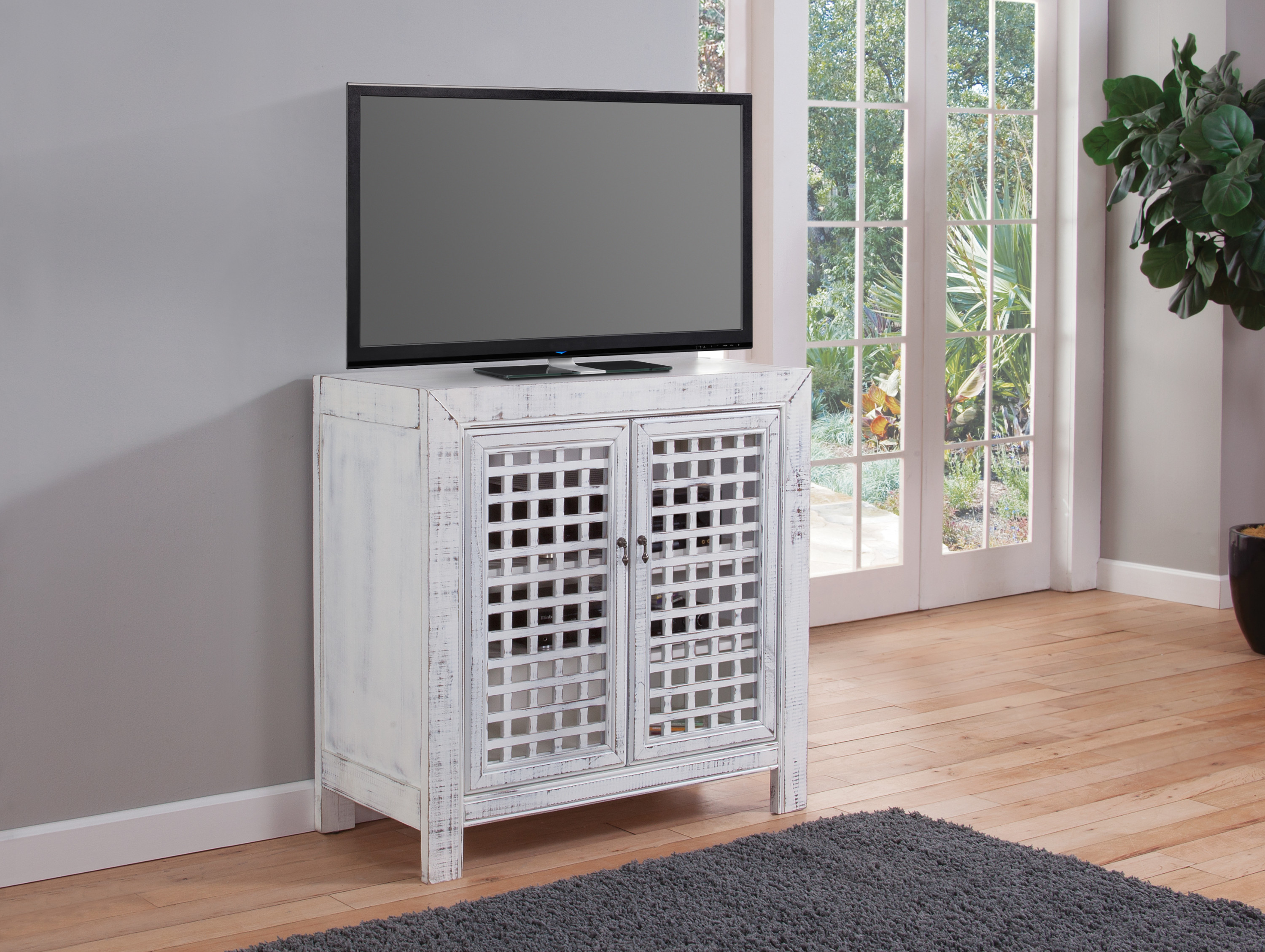 Rio Accent Cabinet - Vintage Pie Safe Inspiration - Lattice Work Front, Remote-Friendly - Farmhouse Style, Distressed White Finish - Perfect for Casual Décor