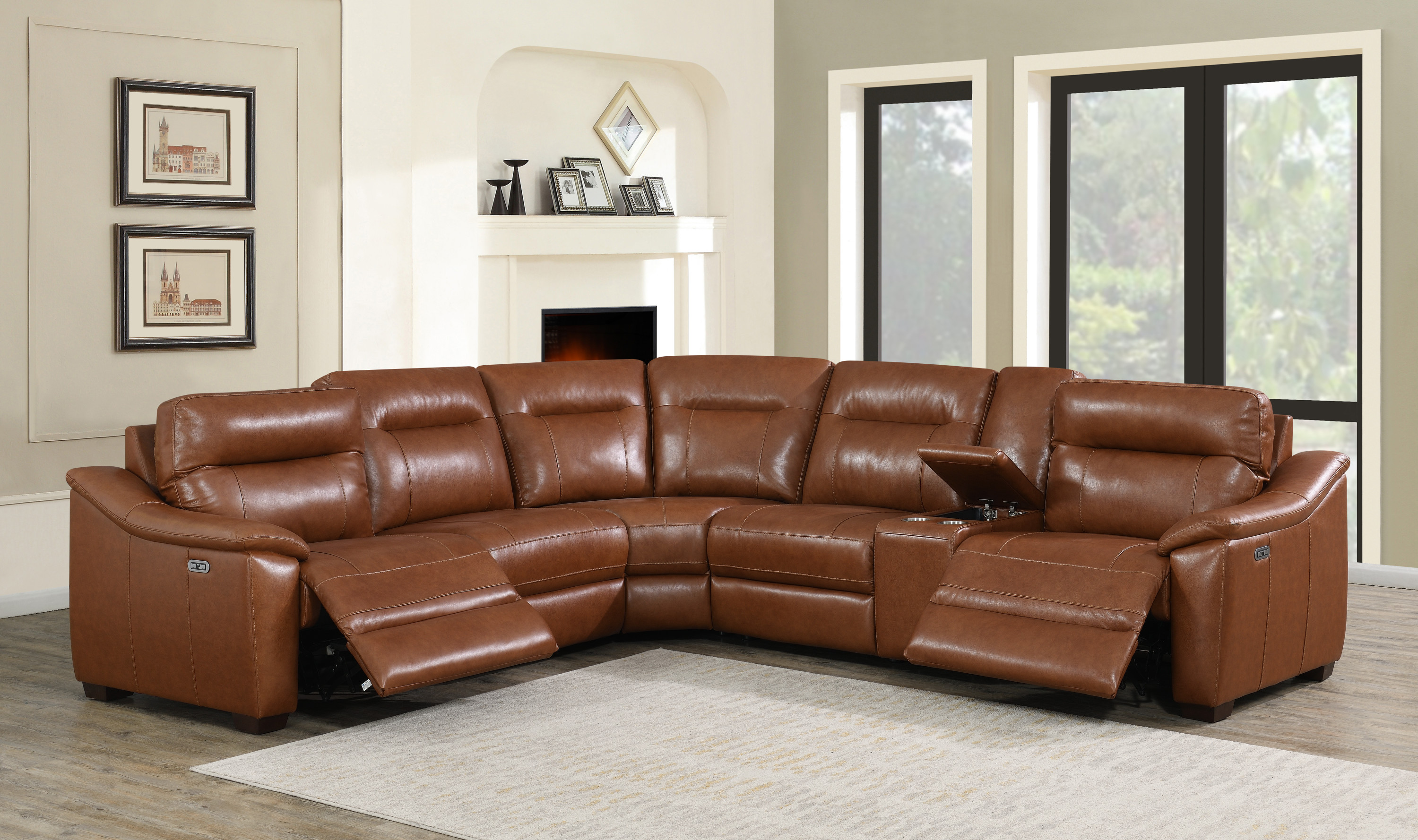 Leather Sectional Collection - Whiskey Coach Top-Grain Leather - Style and Spacious Seating