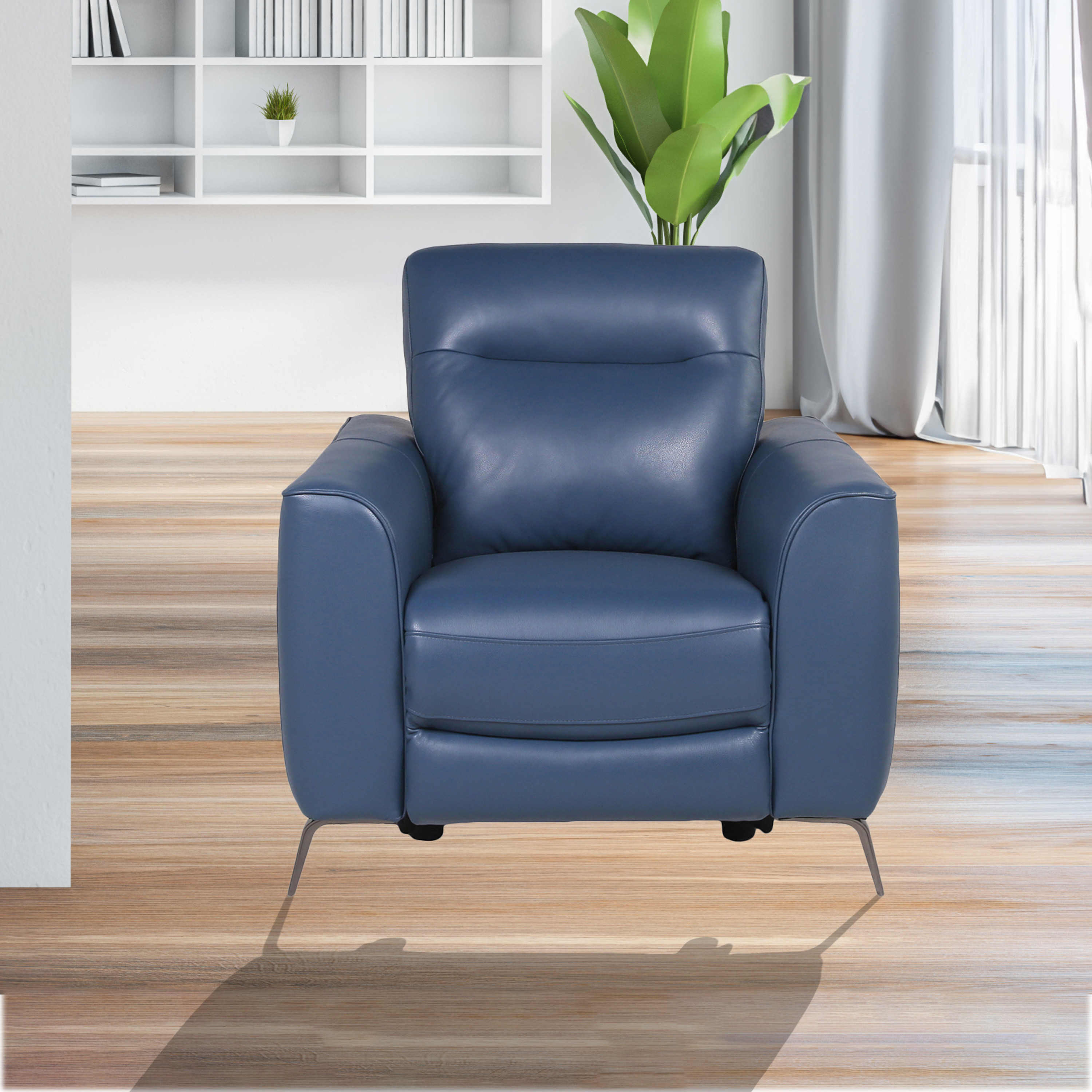 Fashionable Ocean Blue Leather Reclining Chair - Dual-Power Mechanism, High-Leg Style - Stylish Comfort Package