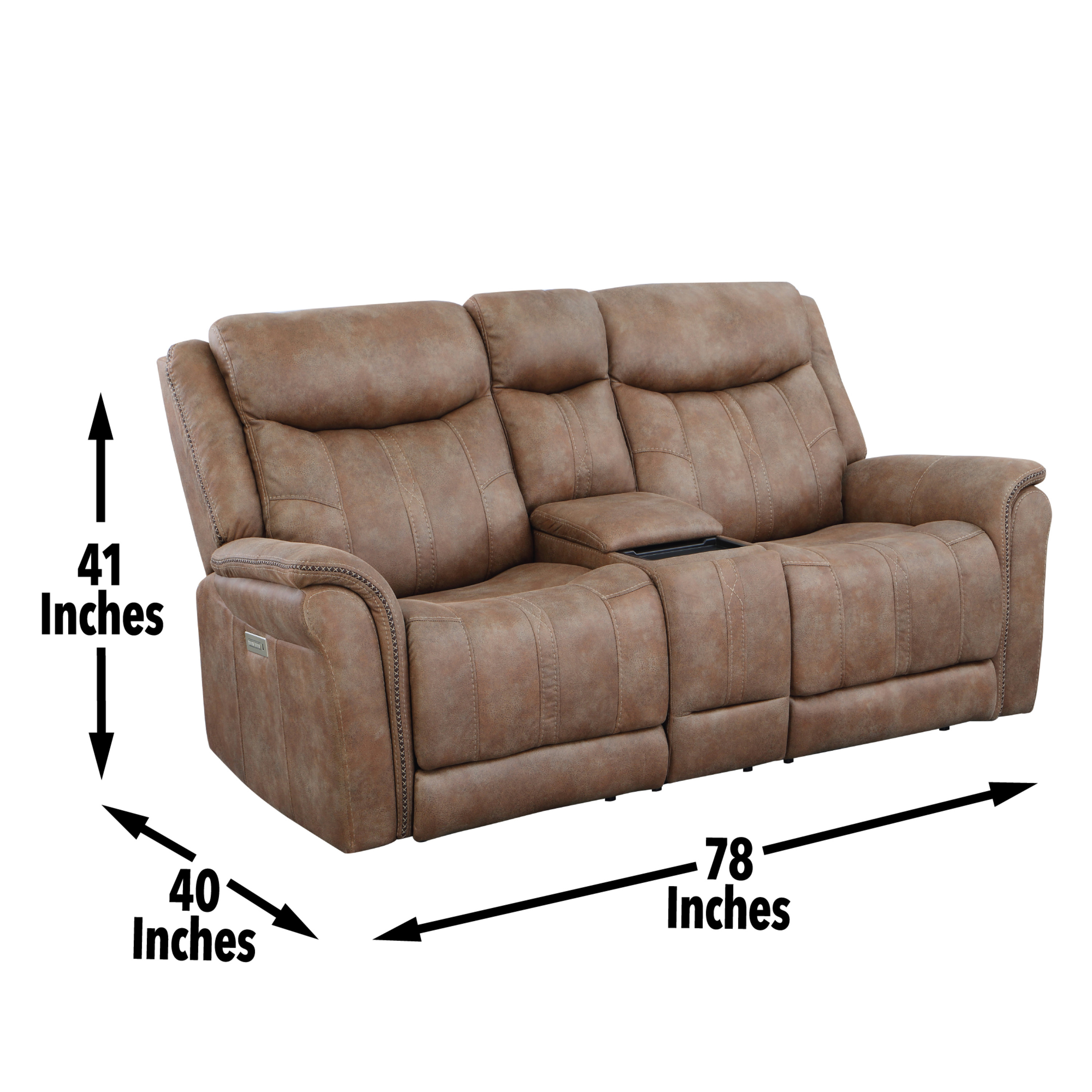 Transitional Console Loveseat - Warm Camel Faux-Suede, Power Footrest, Power Headrest - Concealed Cupholders, Built-In Console