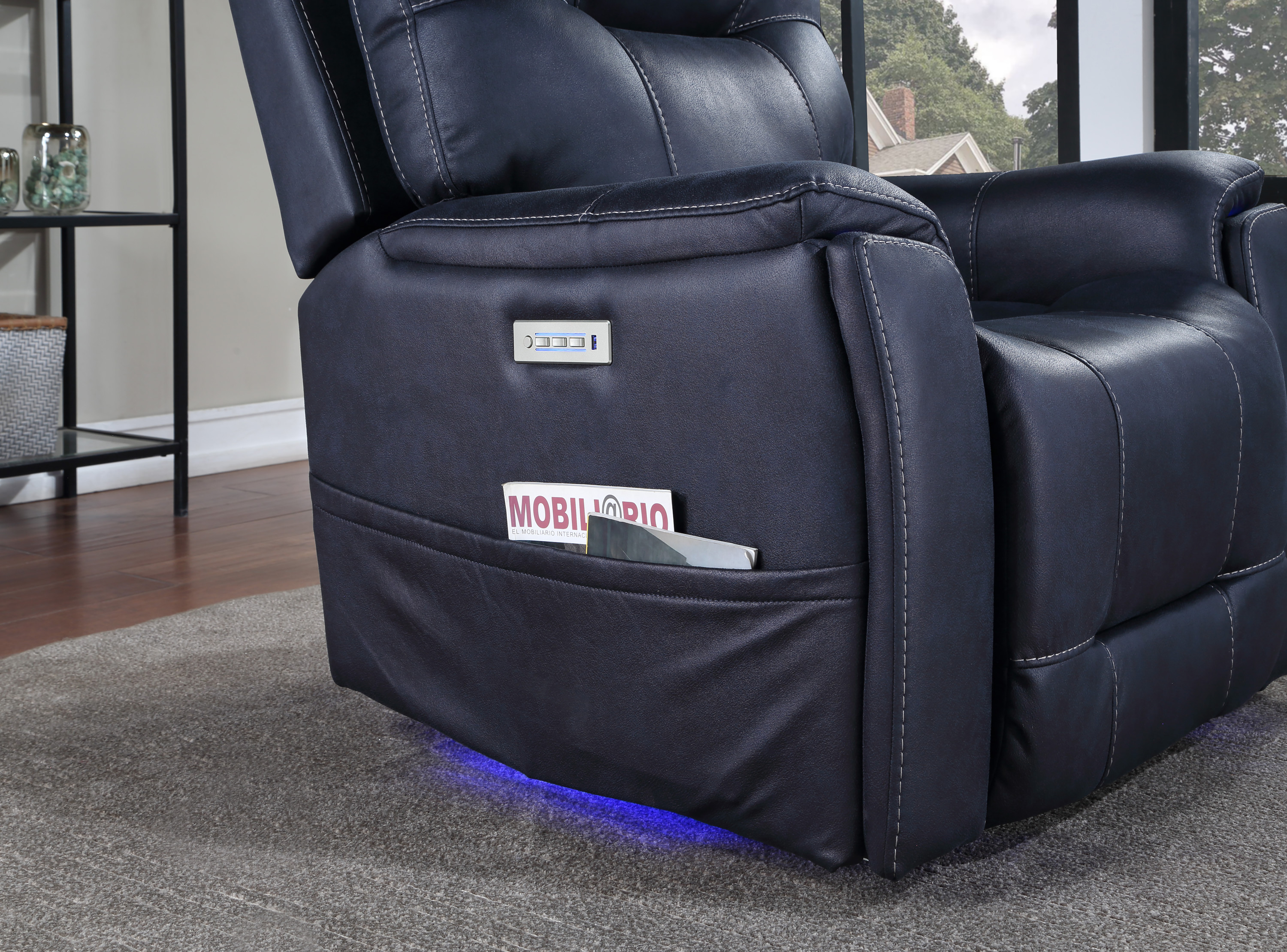 Triple-Power Recliner with Lighted Cupholders - Ocean Blue Leatherette, Transitional Design