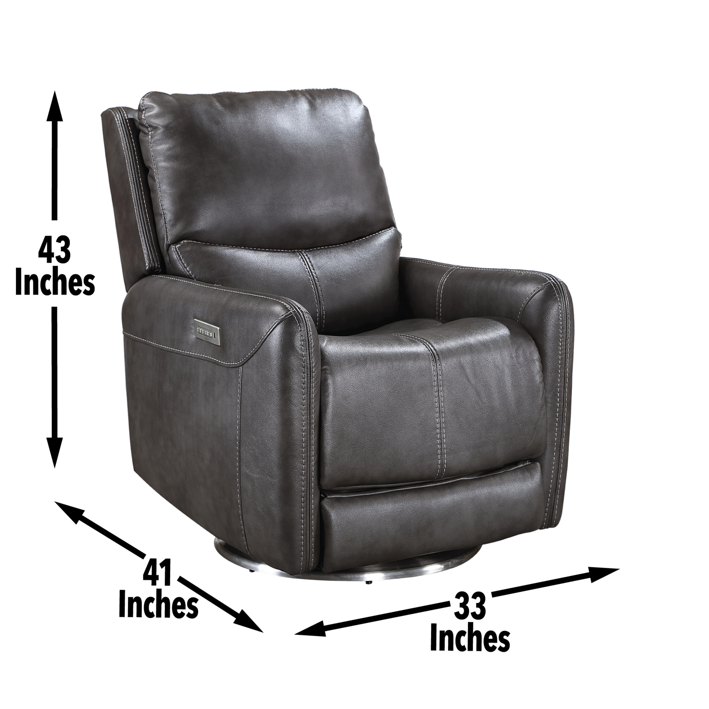 Elegant Triple-Power 360 Swivel Recliner - Pencil Arms, Power Footrest, Power Headrest, Power Lumbar - Swivel Design, Charcoal Faux-Leather