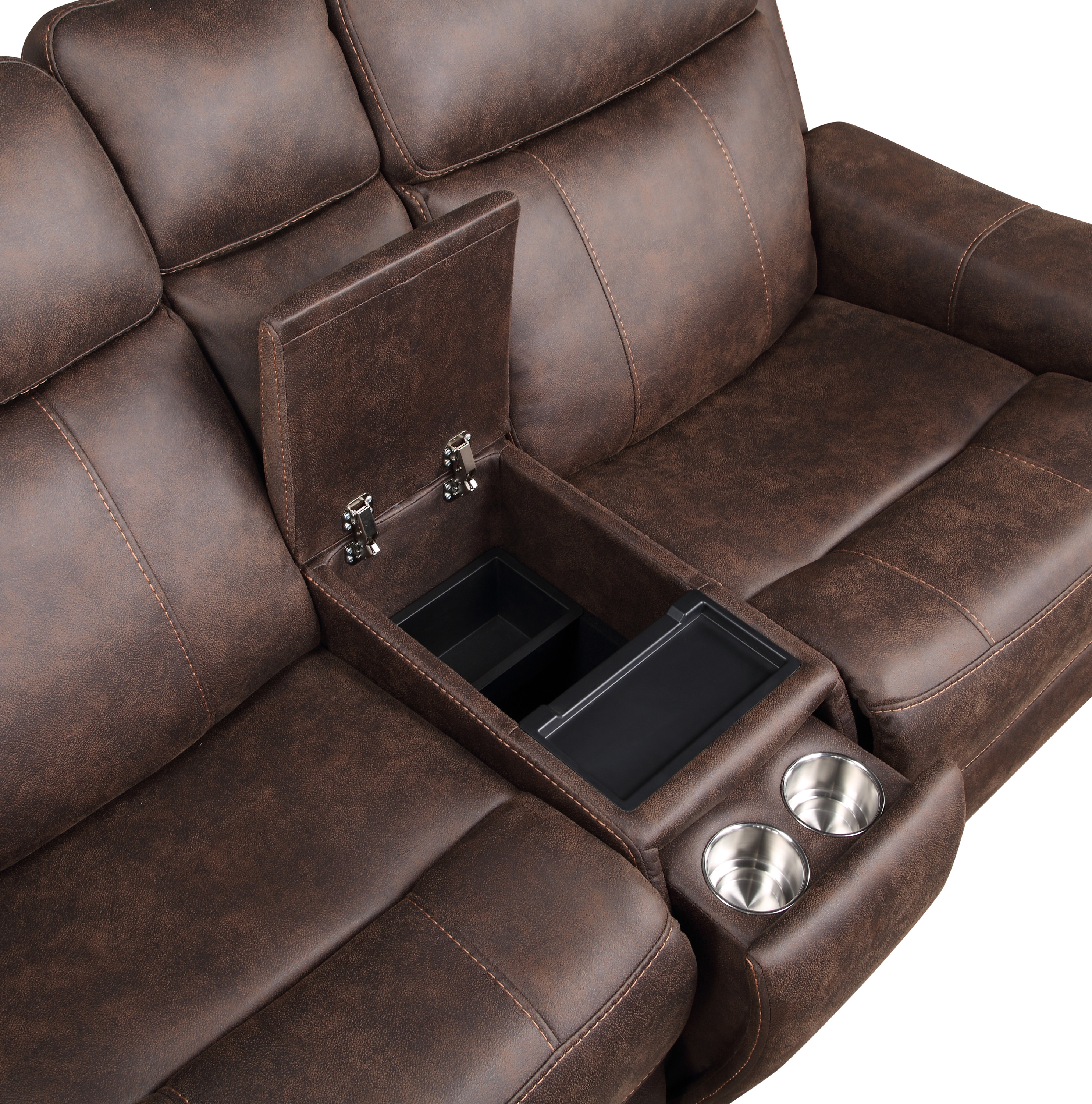 Tailored Power Console Loveseat - Nubuck-Like Leatherette, Power Headrest, Power Footrest - Contemporary Silhouette, Hidden Storage, USB Charging