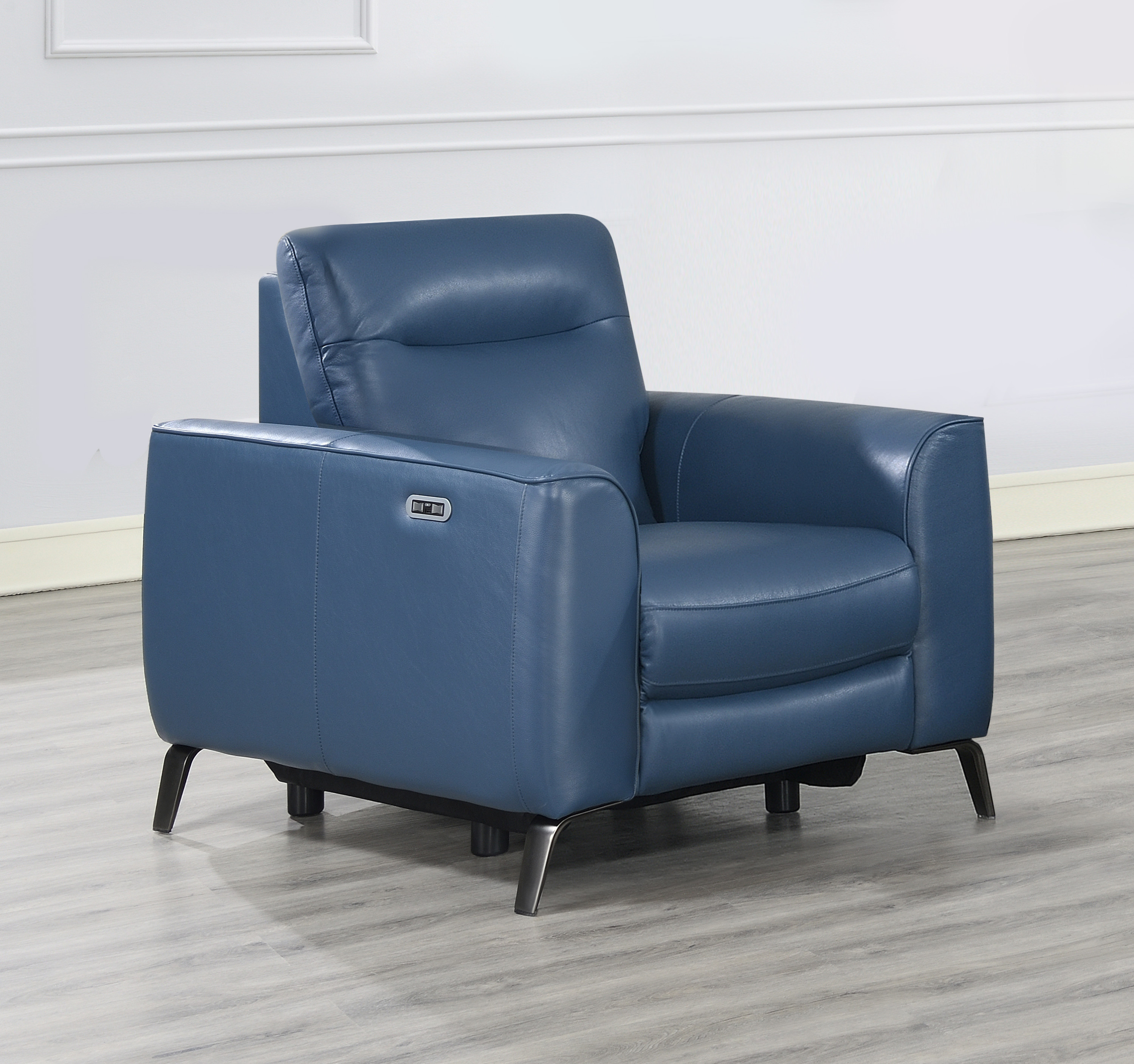 Fashionable Ocean Blue Leather Reclining Chair - Dual-Power Mechanism, High-Leg Style - Stylish Comfort Package