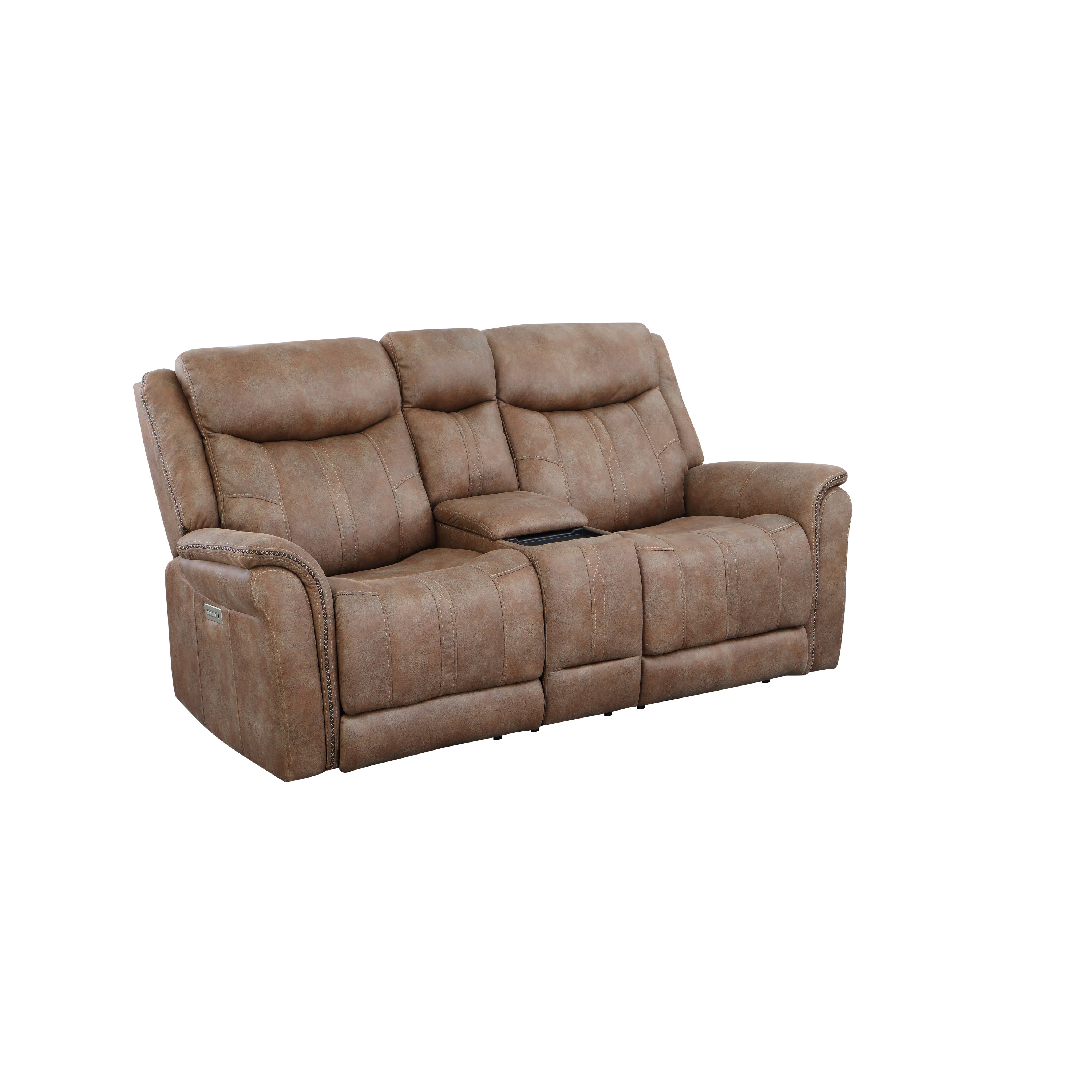 Transitional Console Loveseat - Warm Camel Faux-Suede, Power Footrest, Power Headrest - Concealed Cupholders, Built-In Console